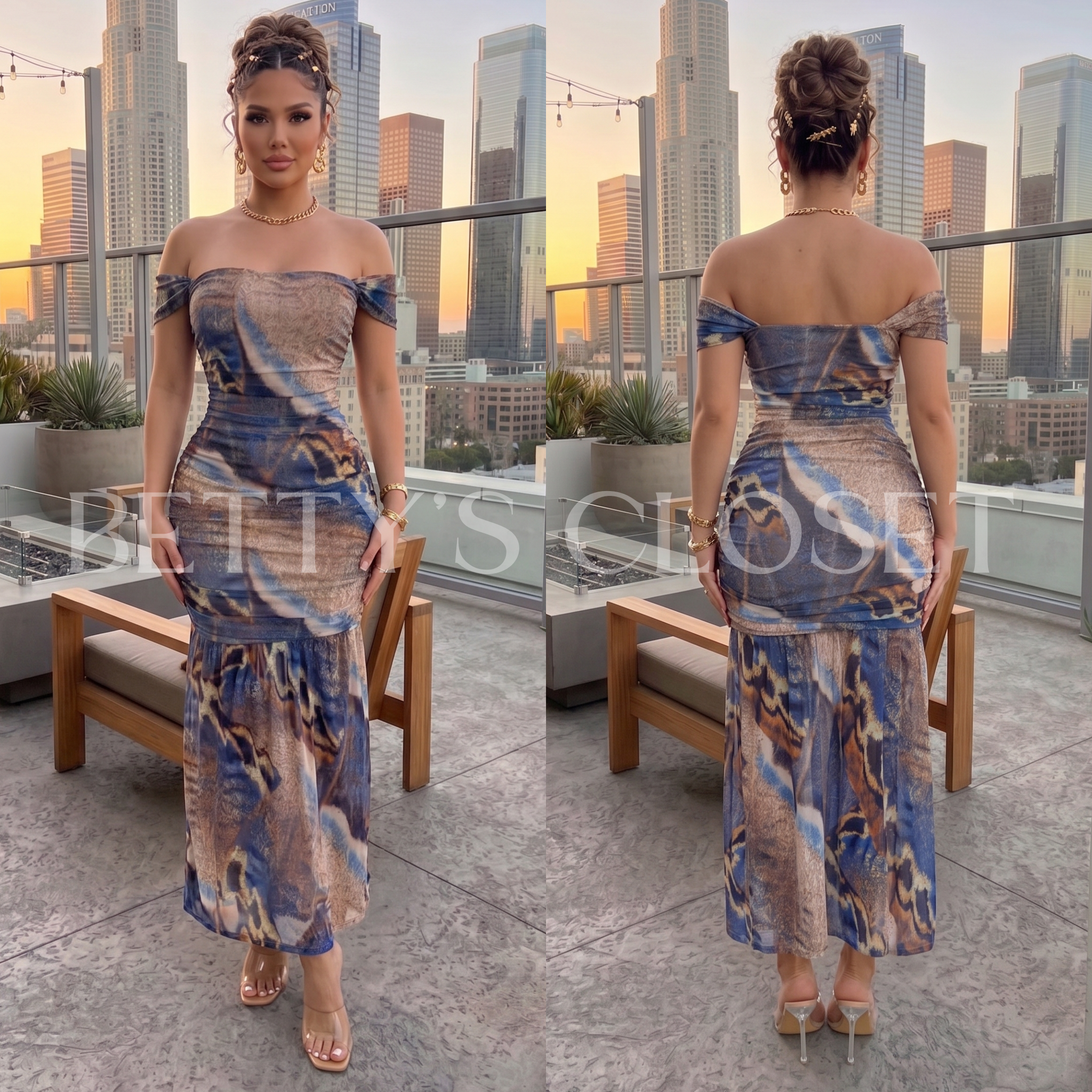 Daniela Off Shoulder Printed Maxi Mesh Dress