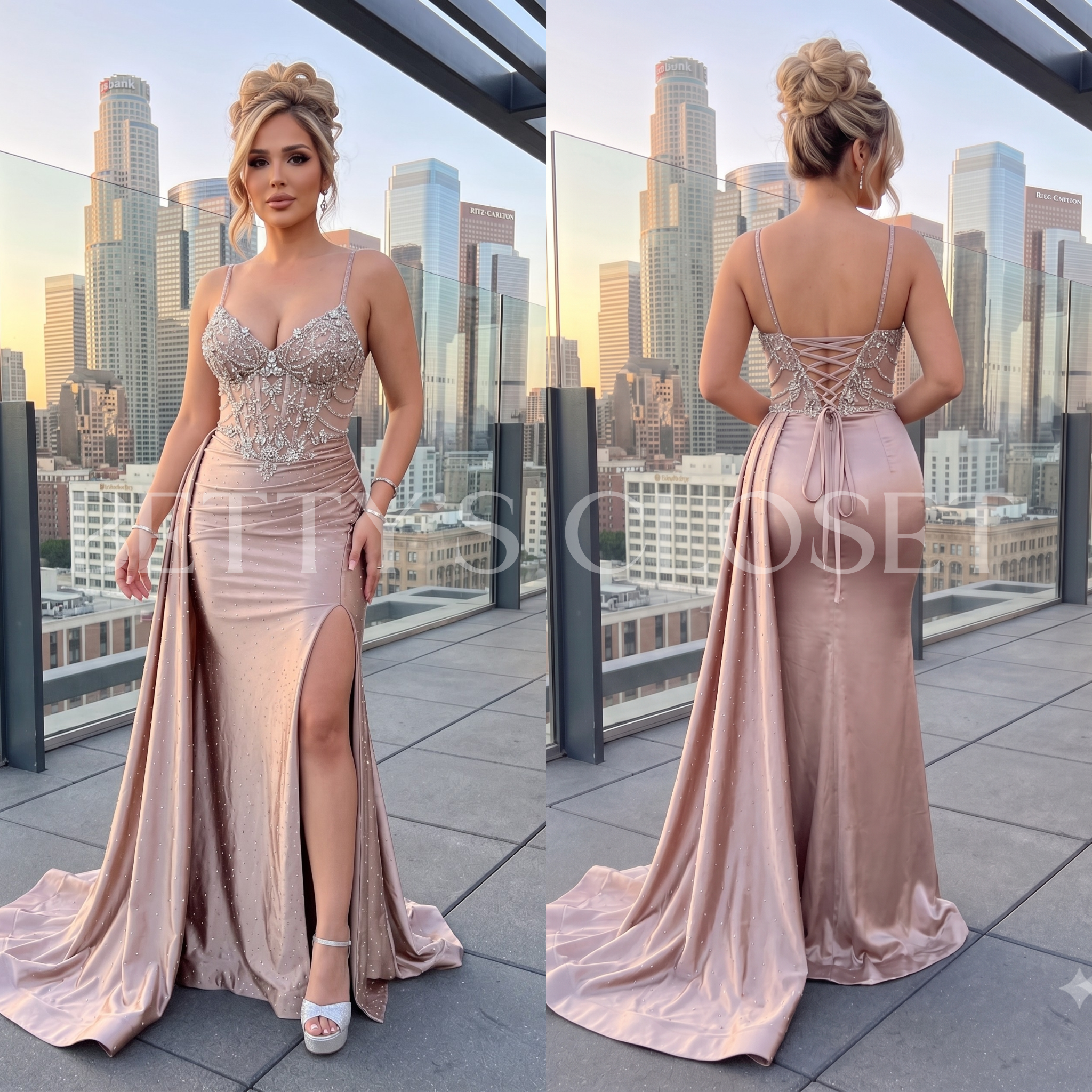 Karina Embellished Rhinestone Dress W/ Side Gathering & Lace Up Back