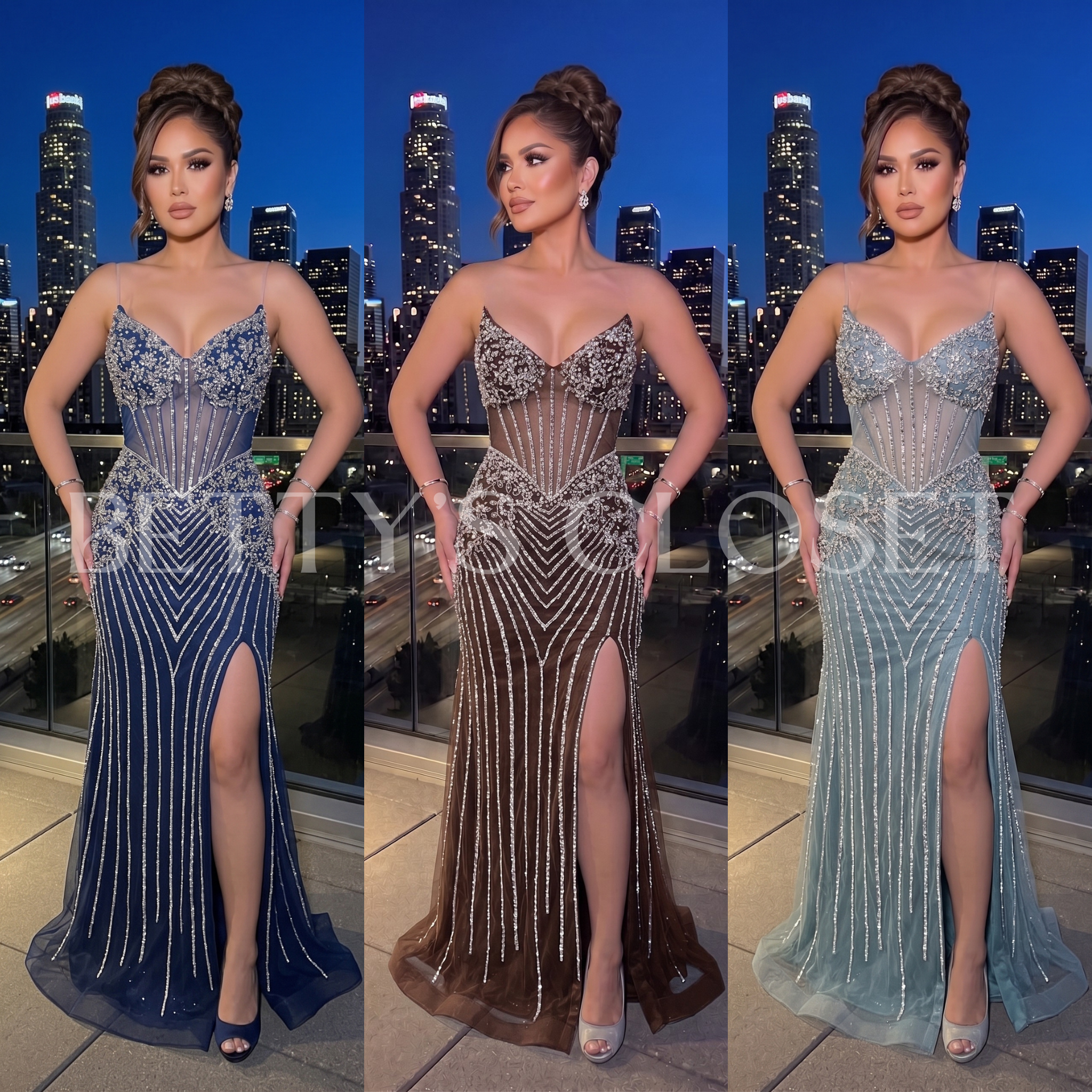 Katherine Rhinestone Crystal Embellished Gown w/ Lace Up Back
