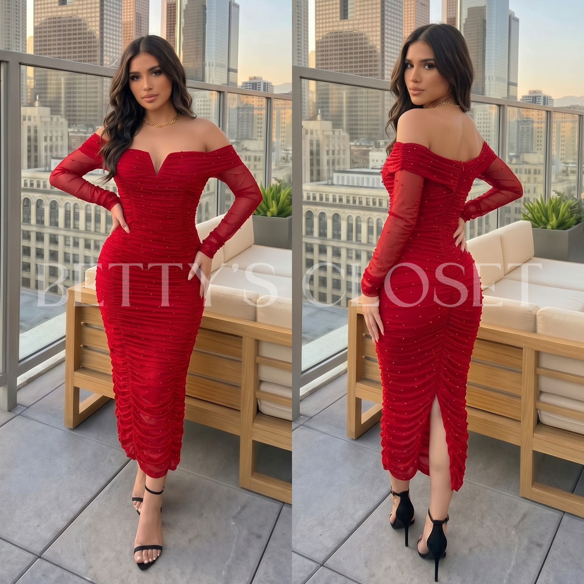 Graciela Pearl Off The Shoulder Long Sleeve Dress