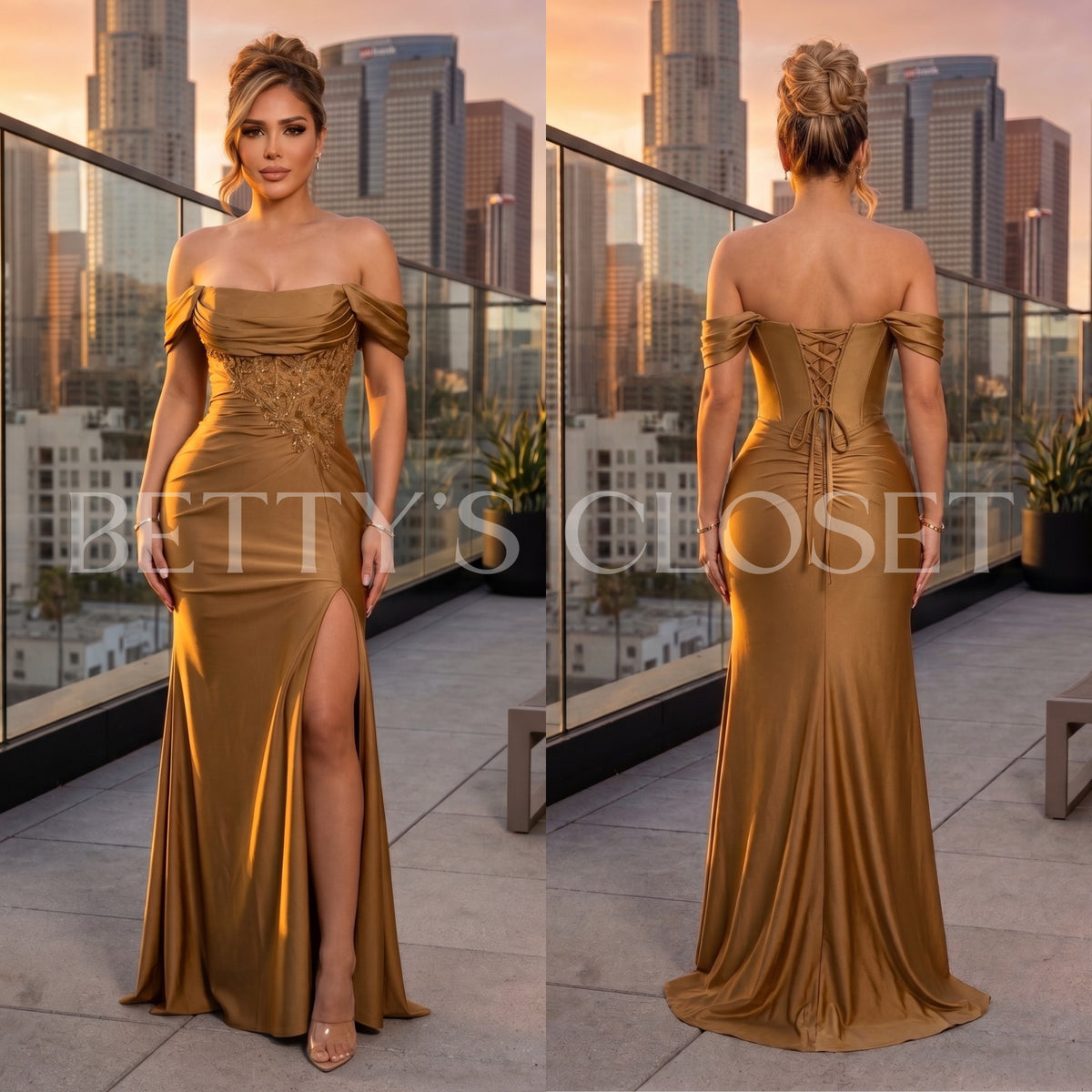 Lucia Off Shoulder Embroidered Gown w/ Butt Scrunch & Lace Up Back