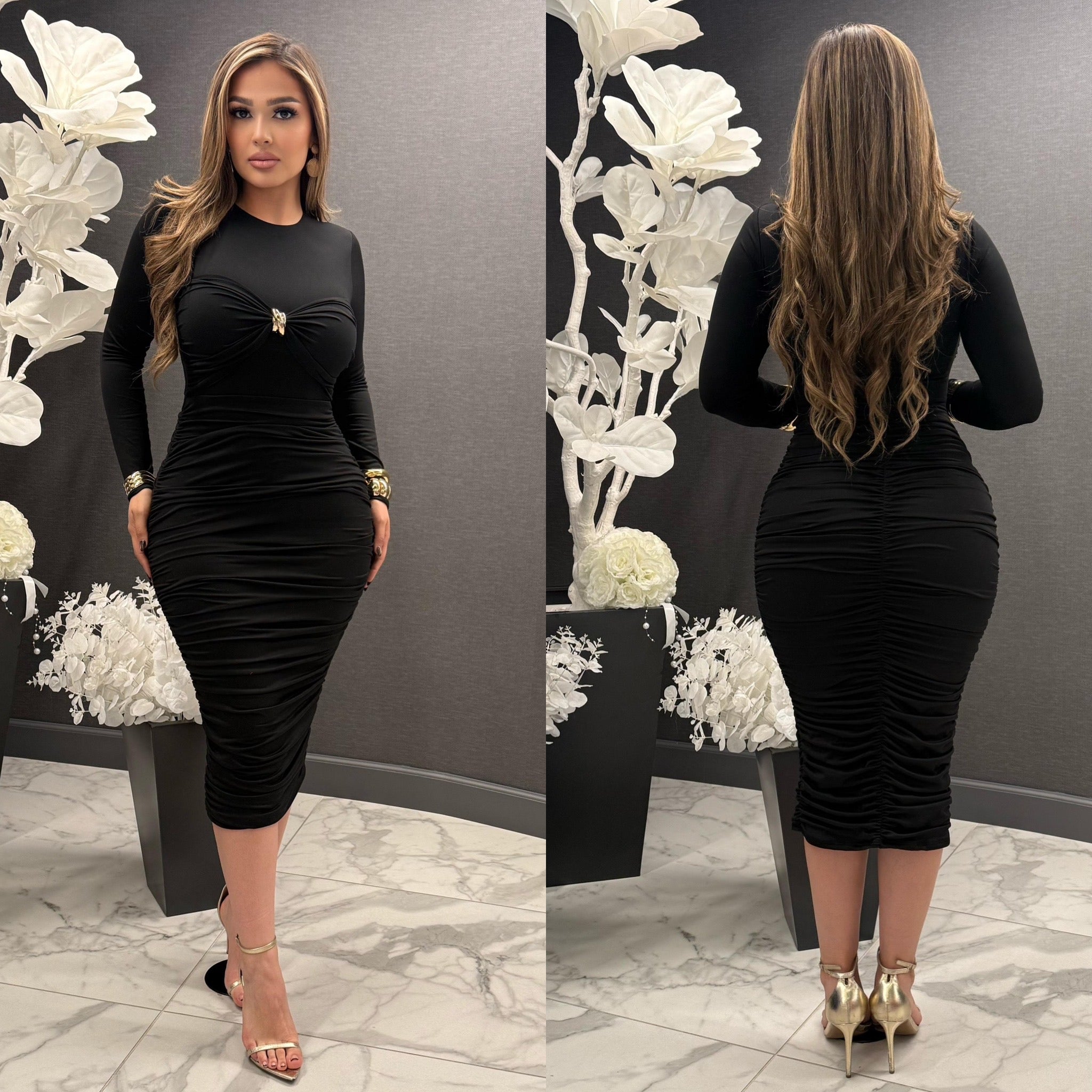 Santana Midi Long Sleeve Dress W/ Ruching & Gold Detailing