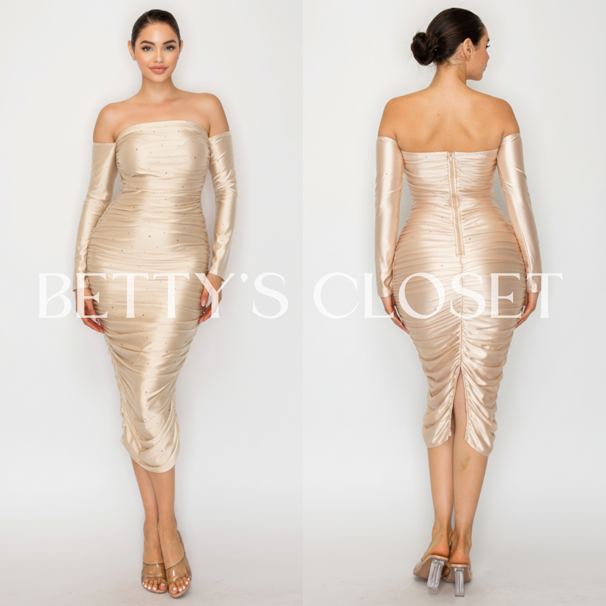 Sweetie Satin Off Shoulder Rhinestone Accents Midi Dress