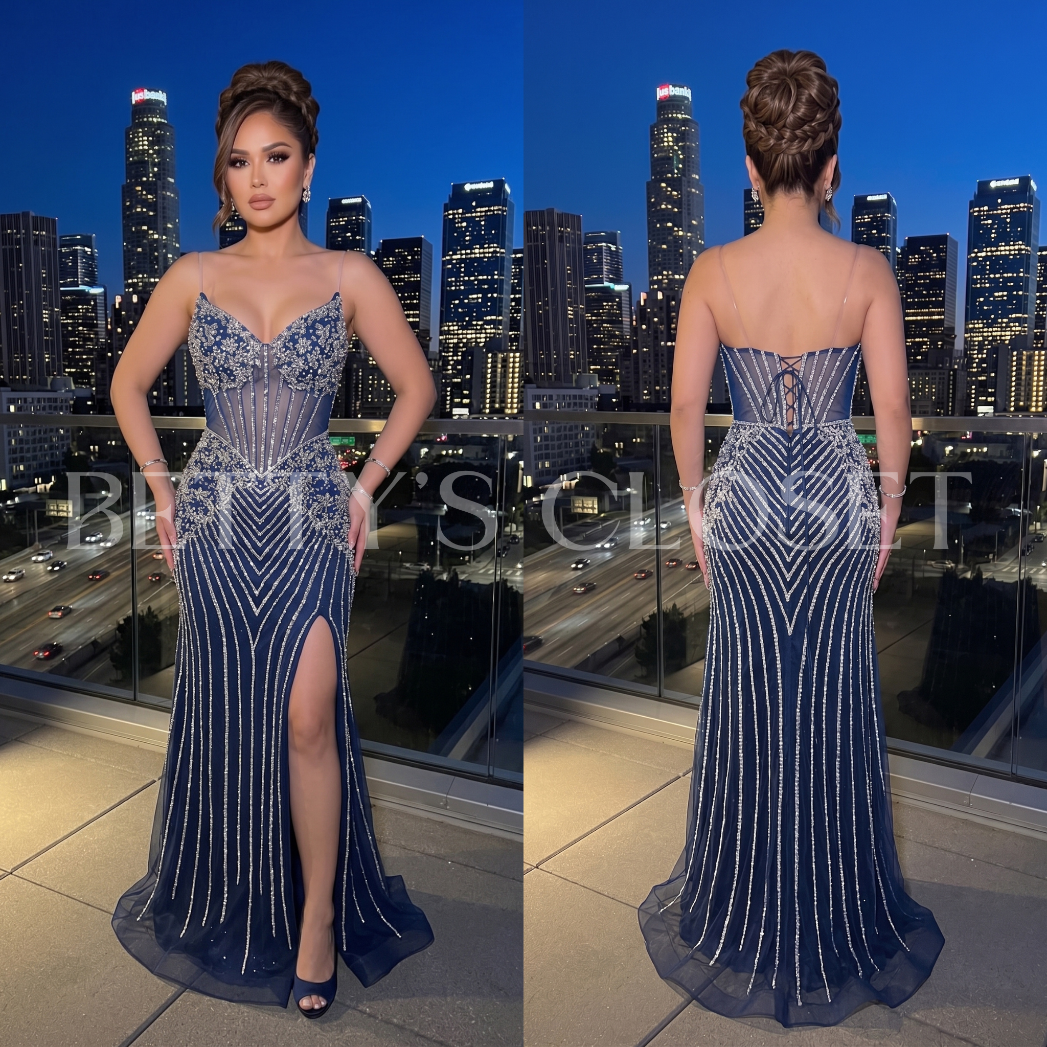 Katherine Rhinestone Crystal Embellished Gown w/ Lace Up Back