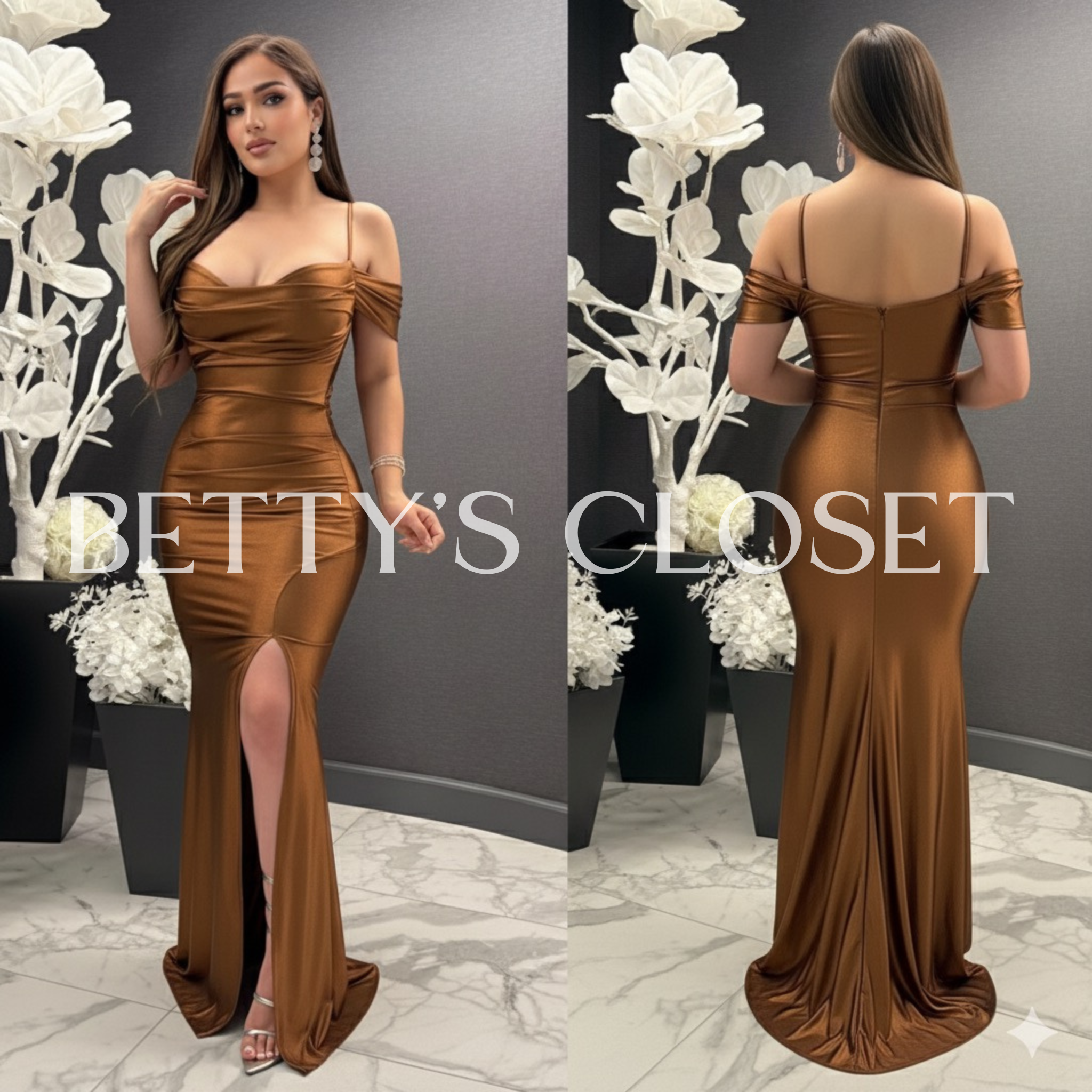 Jasmine Off Shoulder Shiny Stretchy Gown
