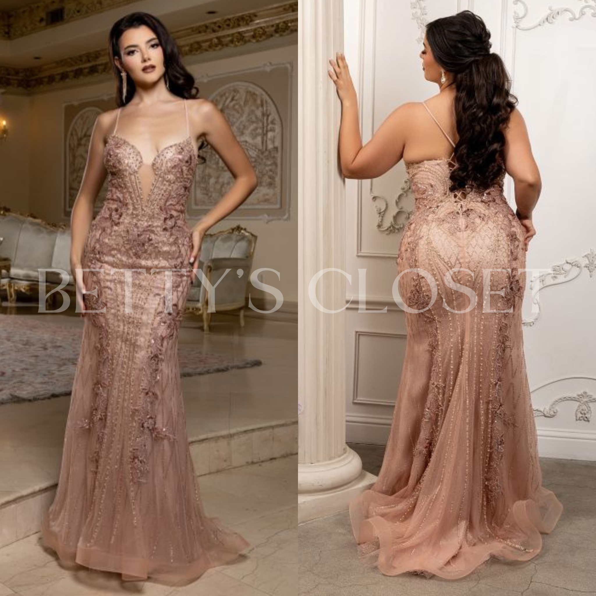 Valeria Spaghetti Strap Beaded Plunge Prom Gown