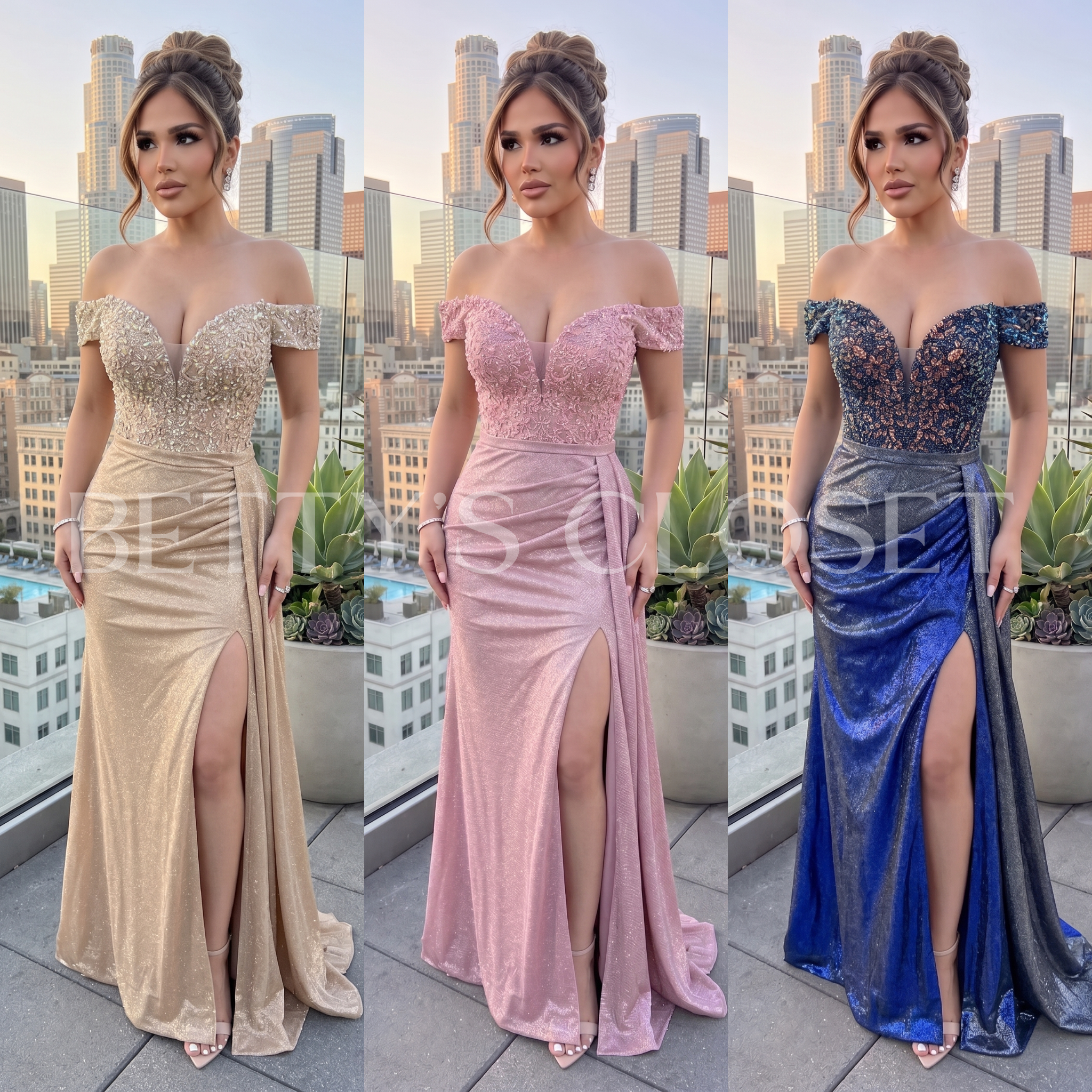 Claudia Off Shoulder Shiny Embroidered Dress