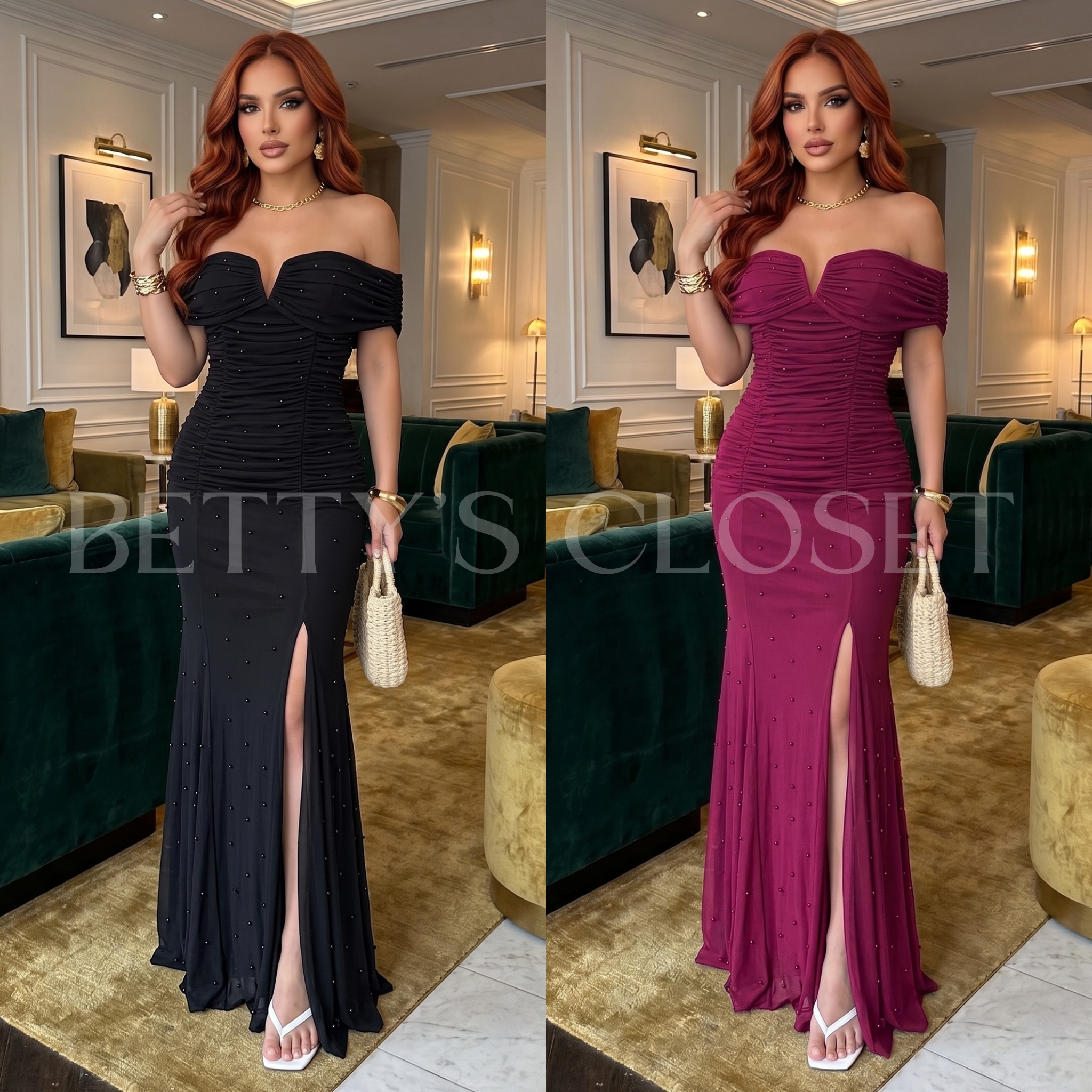 Olivia Off Shoulder Mermaid Maxi Gown w/ Pearls