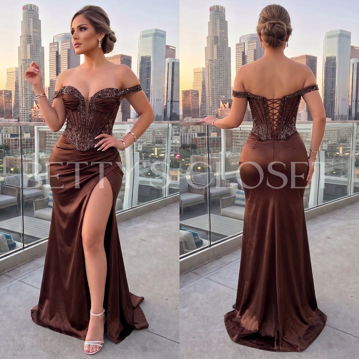 Tamara Off Shoulder Embellished Corset Lace Up Back Prom Gown