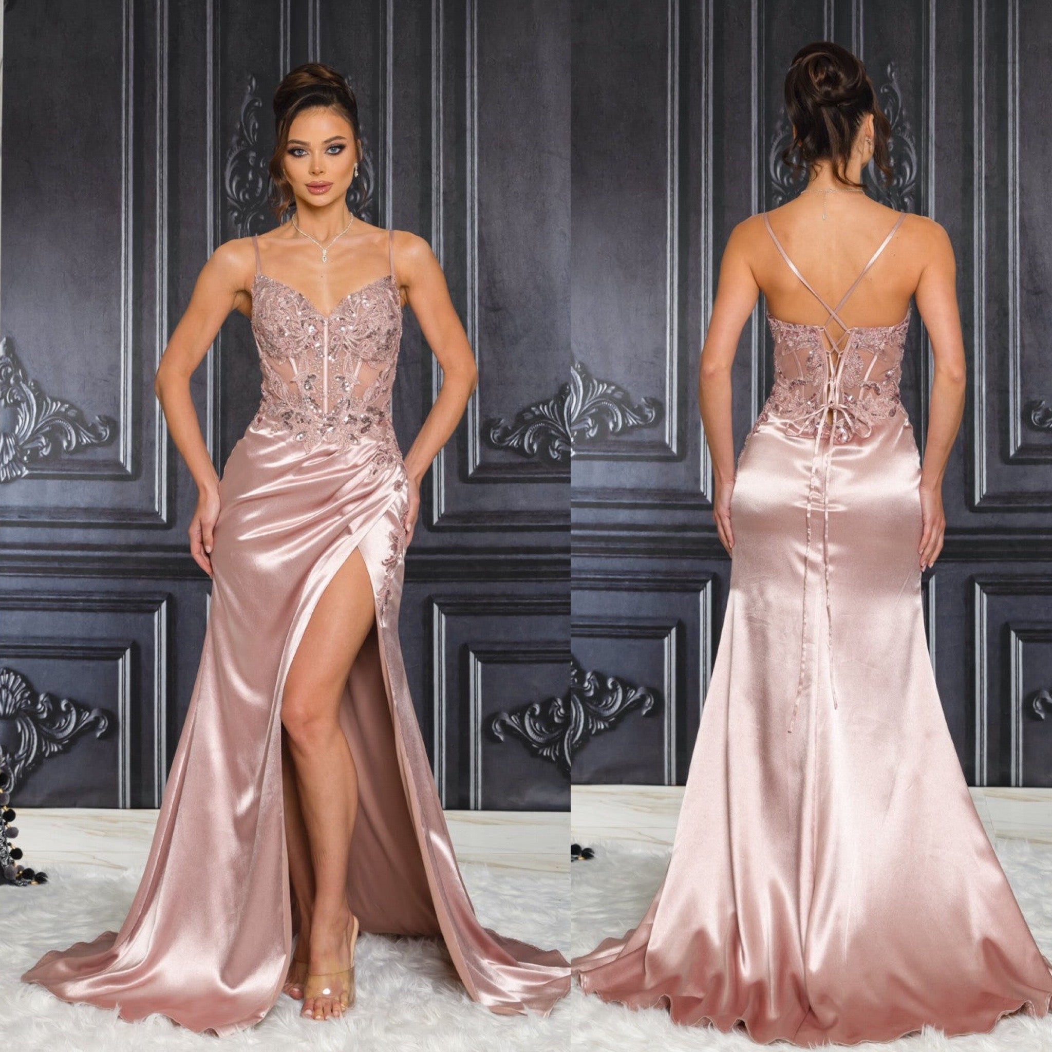 Princesa Embroidered Sequin Bustier Lace Up Back Gown