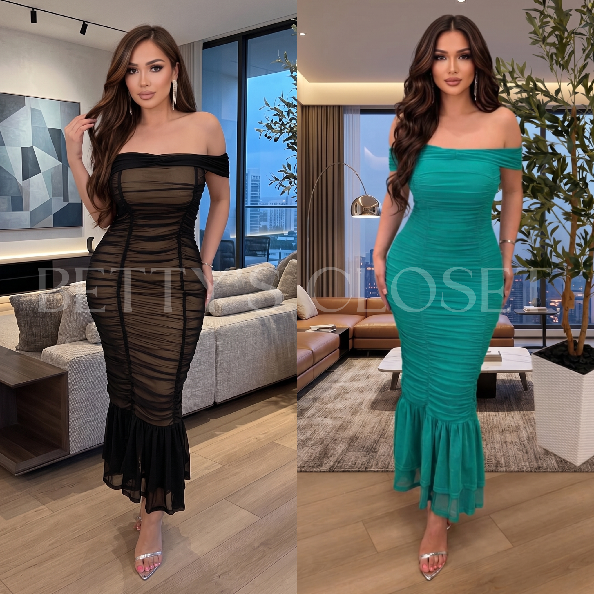 Teresa Ruched Off Shoulder Mermaid Midi Dress