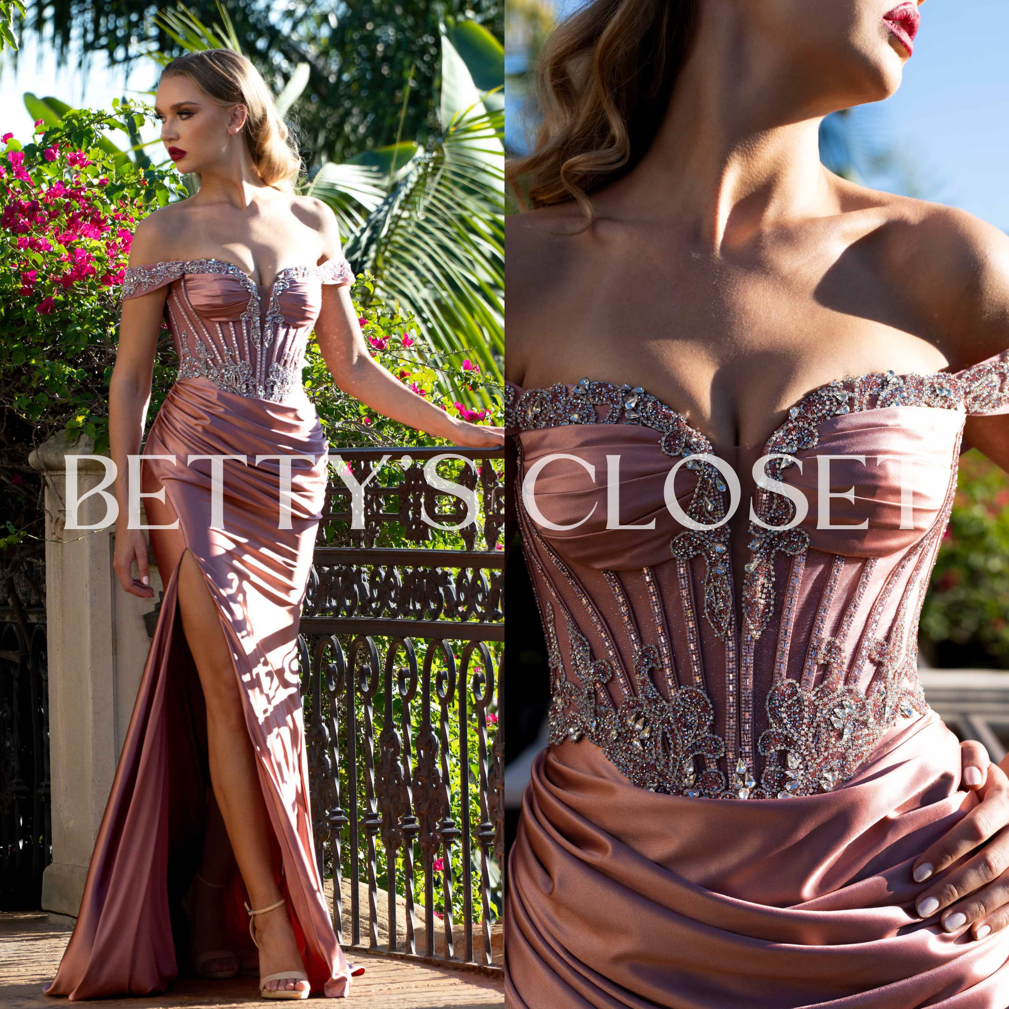 Crystal Embellished Off-Shoulder Long Prom Gown