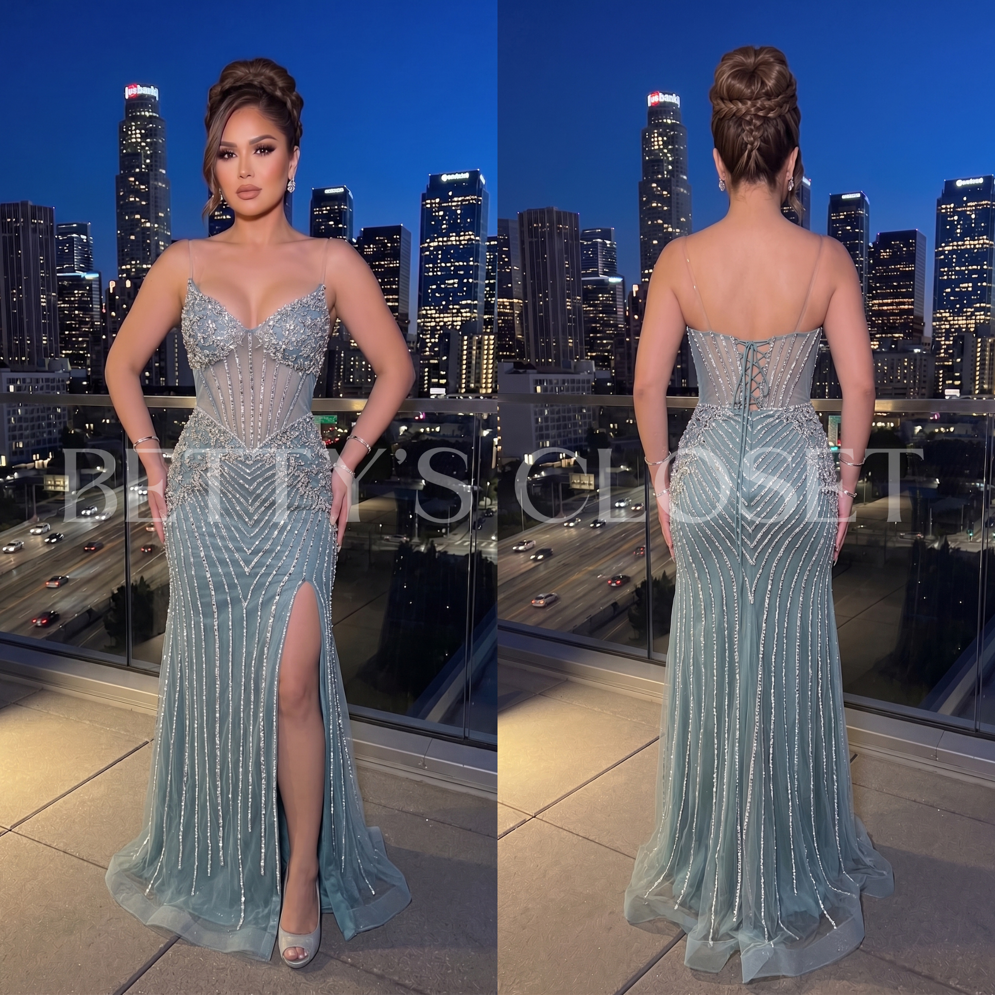 Katherine Rhinestone Crystal Embellished Gown w/ Lace Up Back