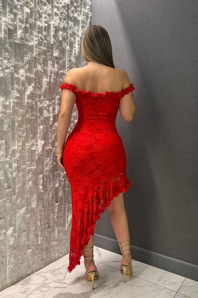 Jaime Lace Off Shoulder Asymmetric Midi Dress