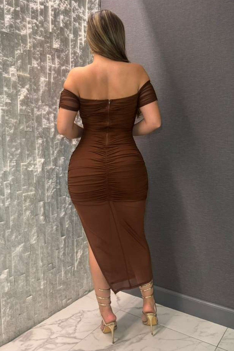 Camil Off Shoulder Mesh V Neck Dress