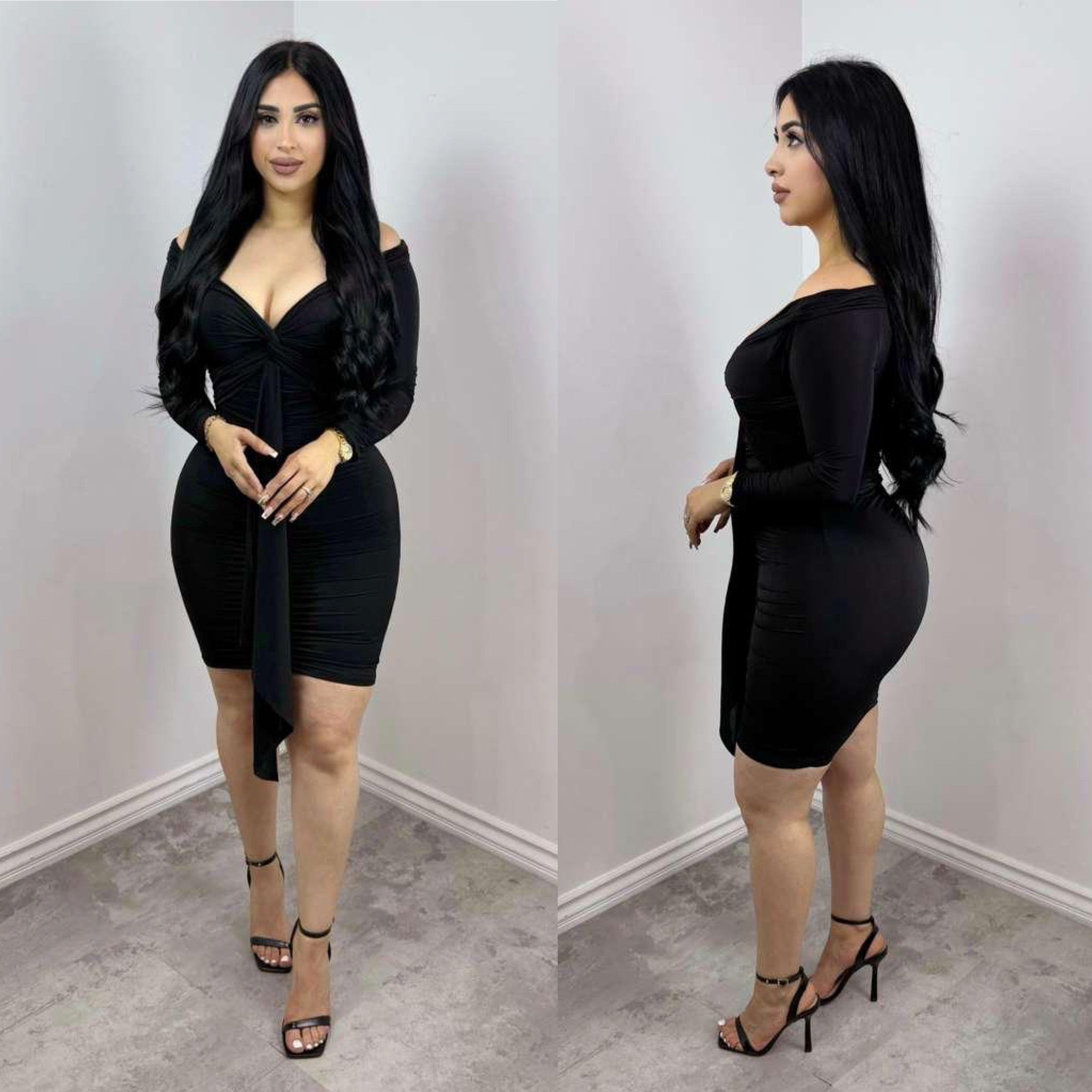 Lola Off Shoulder Front Drape Ruched Long Sleeve Dress