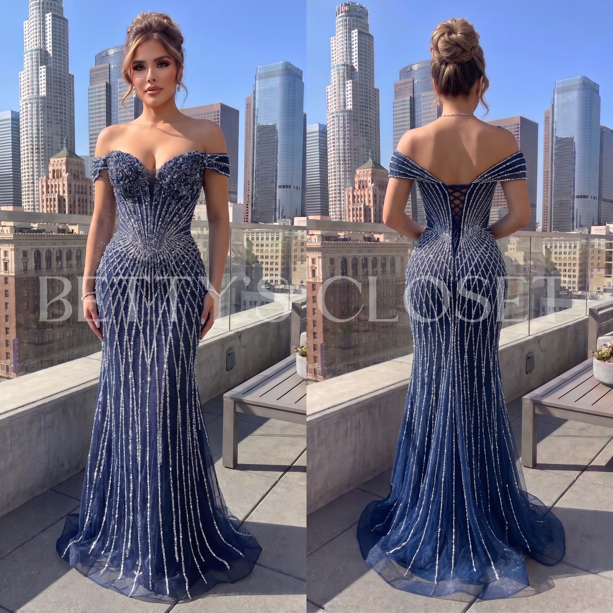 Darla Off Shoulder Embellished Gown w/ Lace up Back