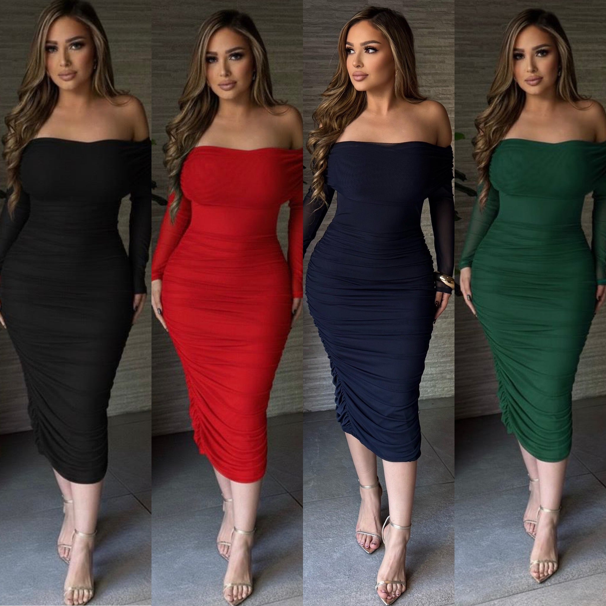 Julie Off Shoulder Ruched Long Sleeve Dress
