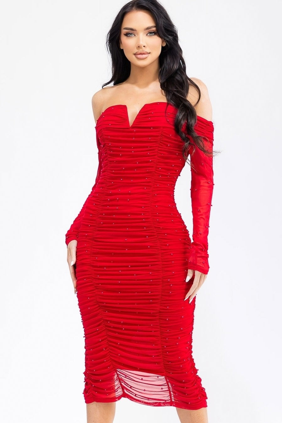 Dominique Mesh Off-shoulder Bodycon Dress With Pearl Studded