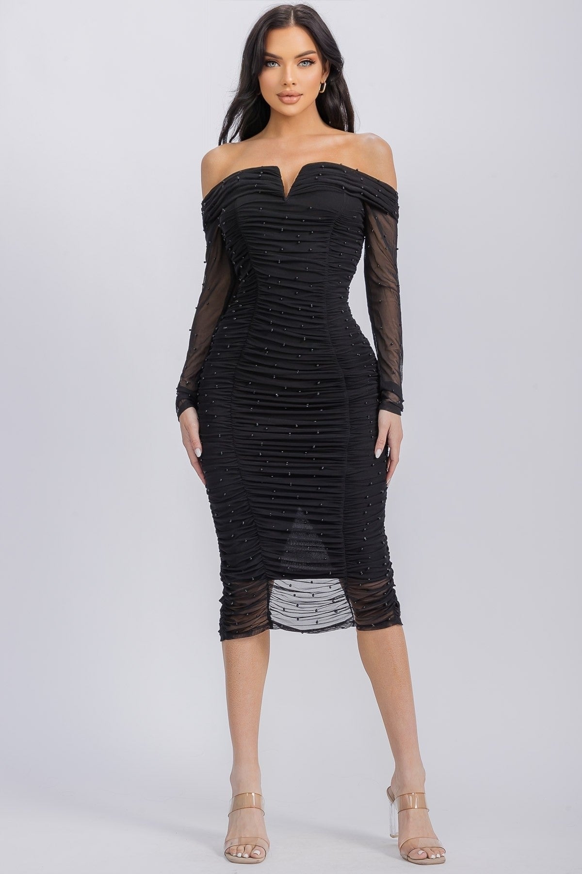 Dominique Mesh Off-shoulder Bodycon Dress With Pearl Studded