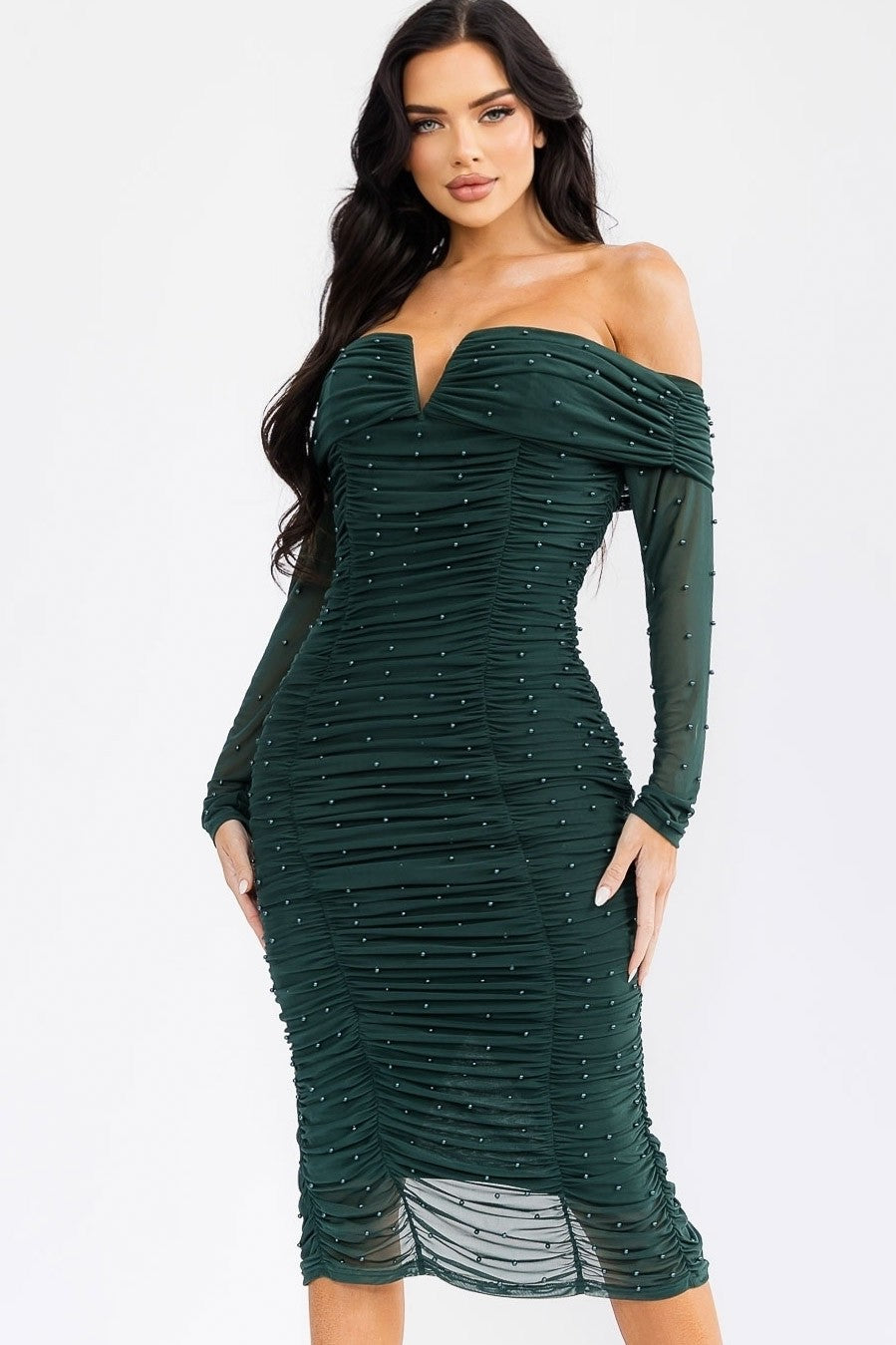 Dominique Mesh Off-shoulder Bodycon Dress With Pearl Studded