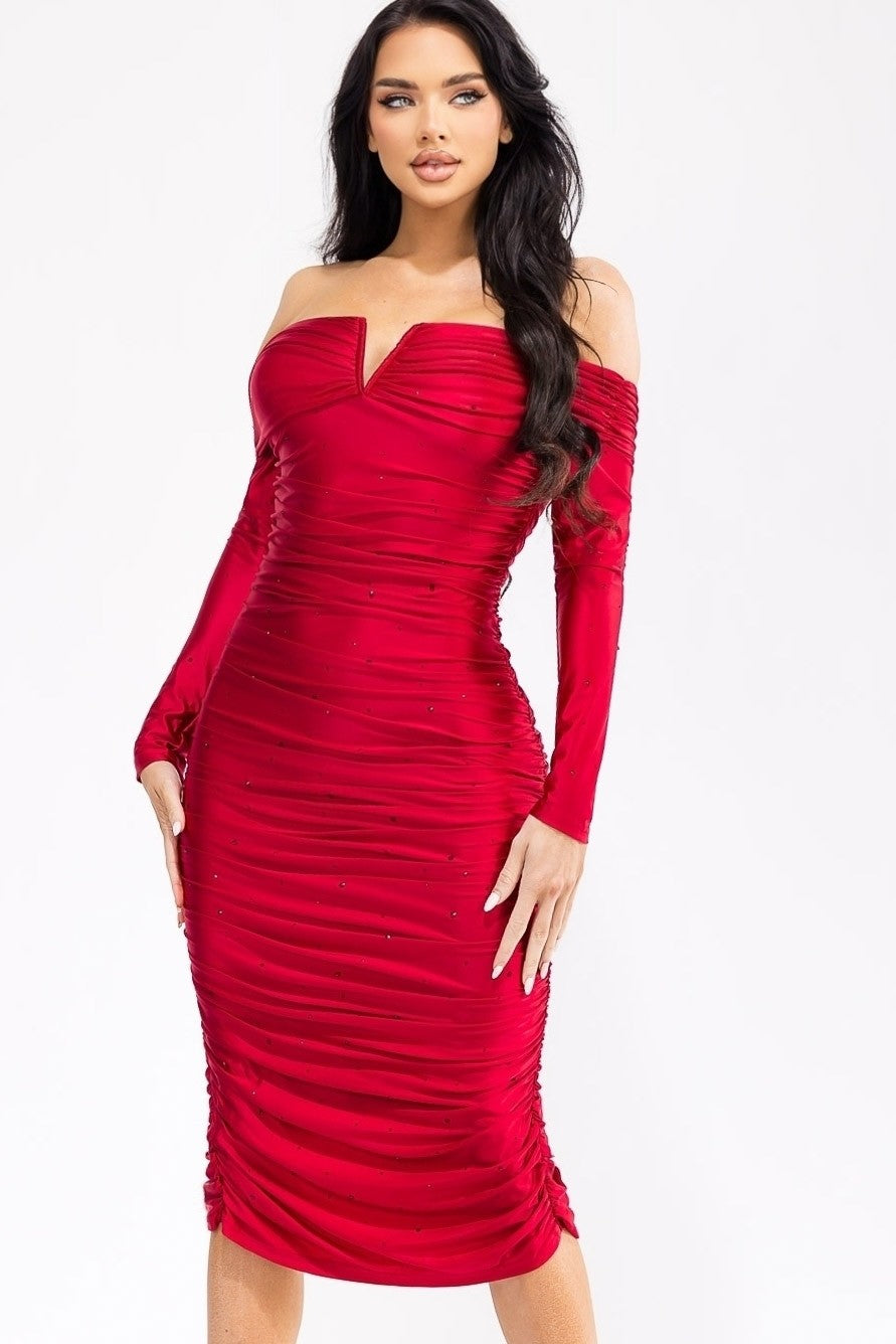 Nadia Off Shoulder Midi Dress With Crystal Accents