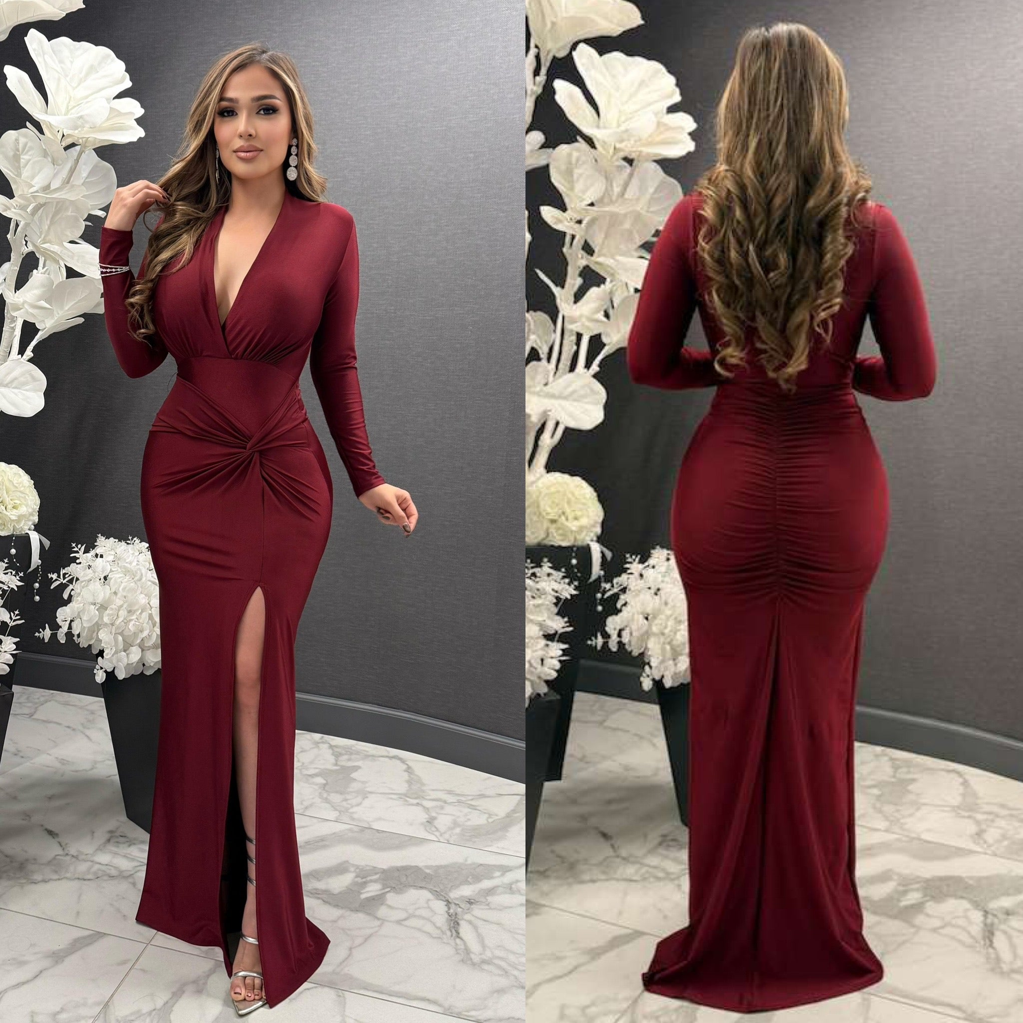 Eliana Long Sleeve Side Twist V Neck Gown