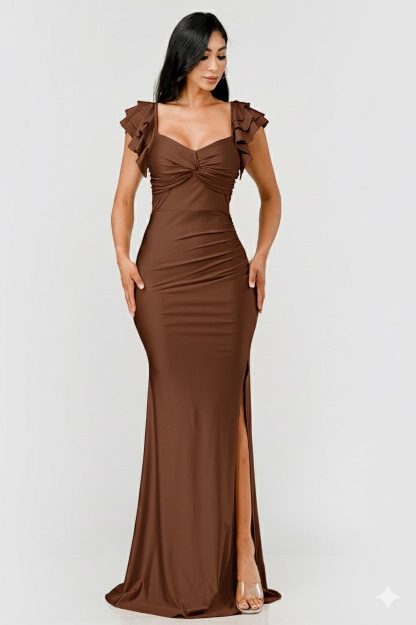 Gabby Ruffle Sleeve Twist Front Maxi Gown