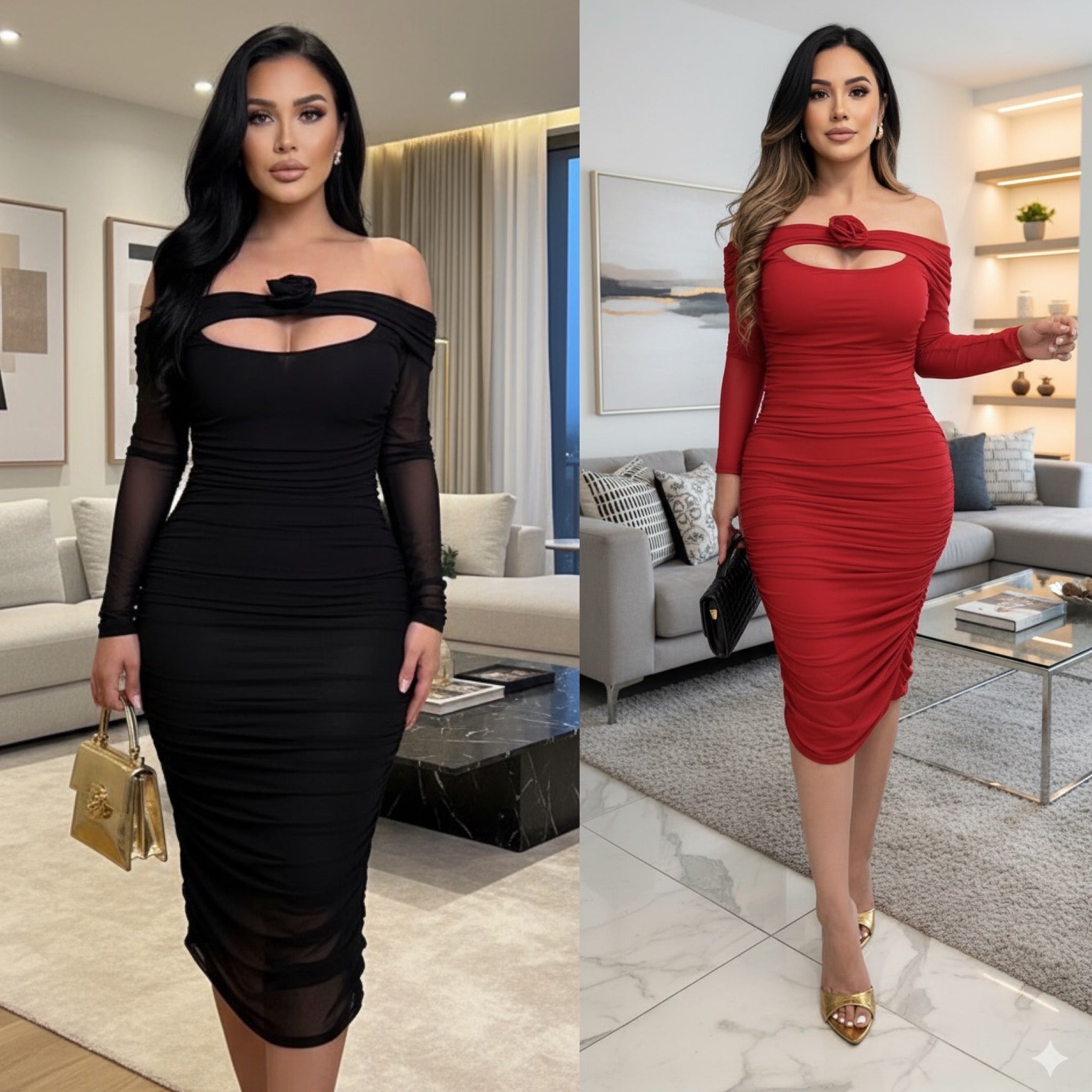 Rosalie Off Shoulder 3D Flower Mesh Dress