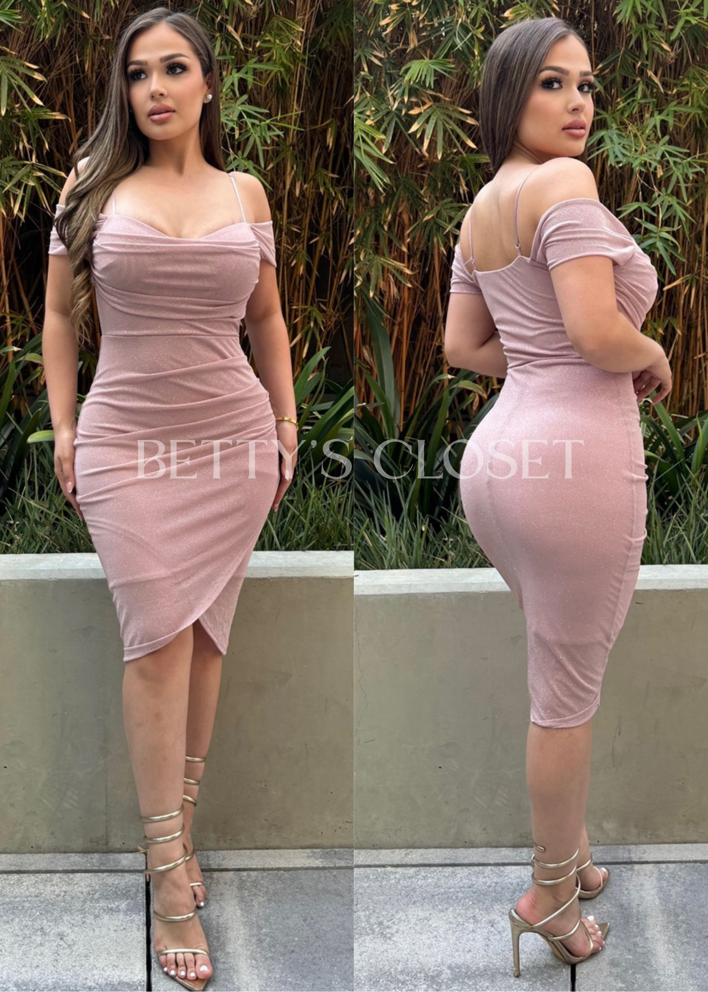 Rose Off the Shoulder Glitter Dress