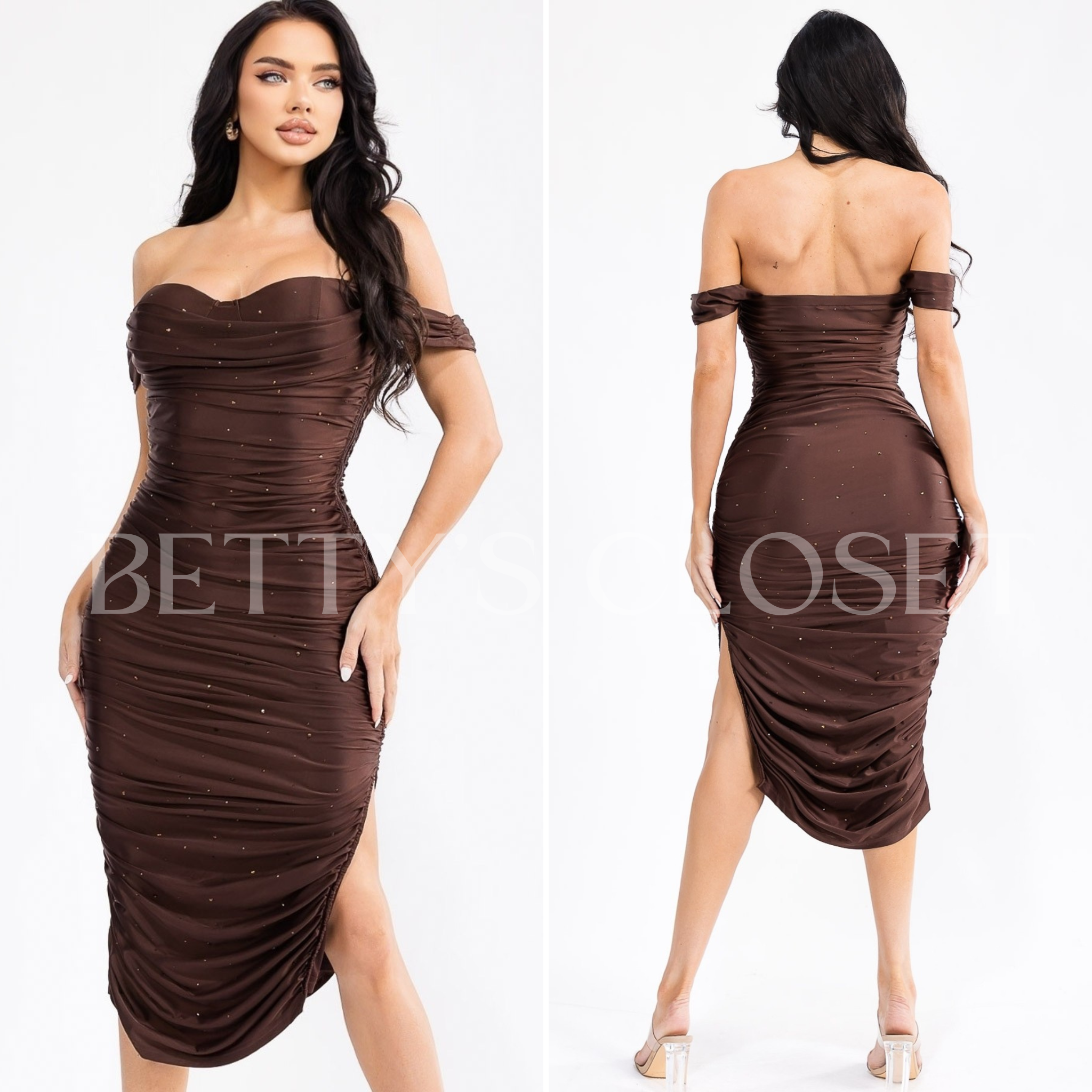 Venice Satin Subtle Rhinestone Accents Midi Dress