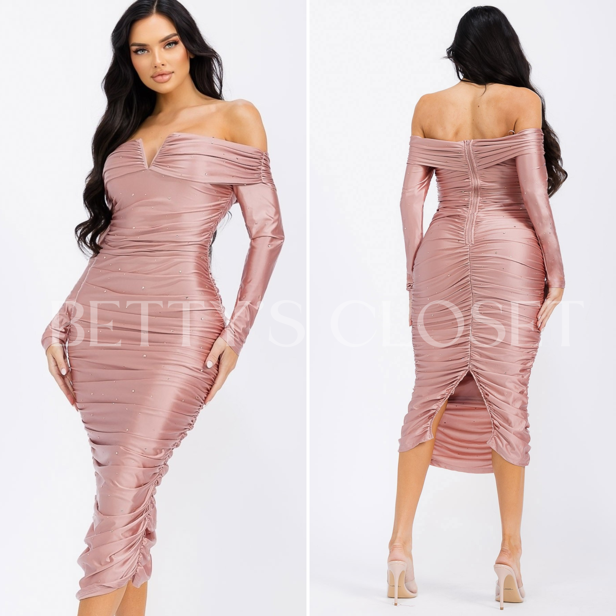 Nadia Off Shoulder Midi Dress With Crystal Accents