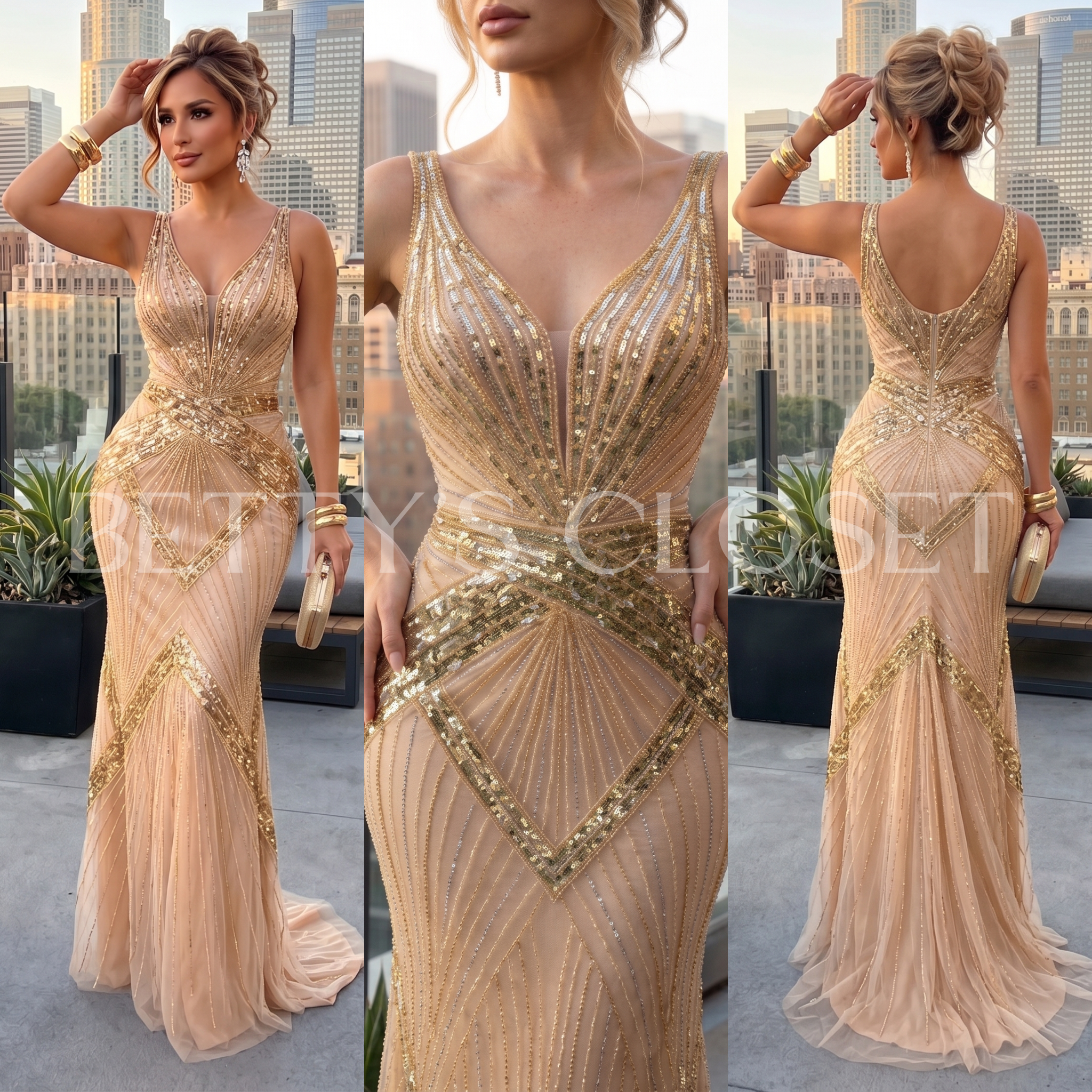 Sonia Hand Beaded Sequin Geometric Long Gown