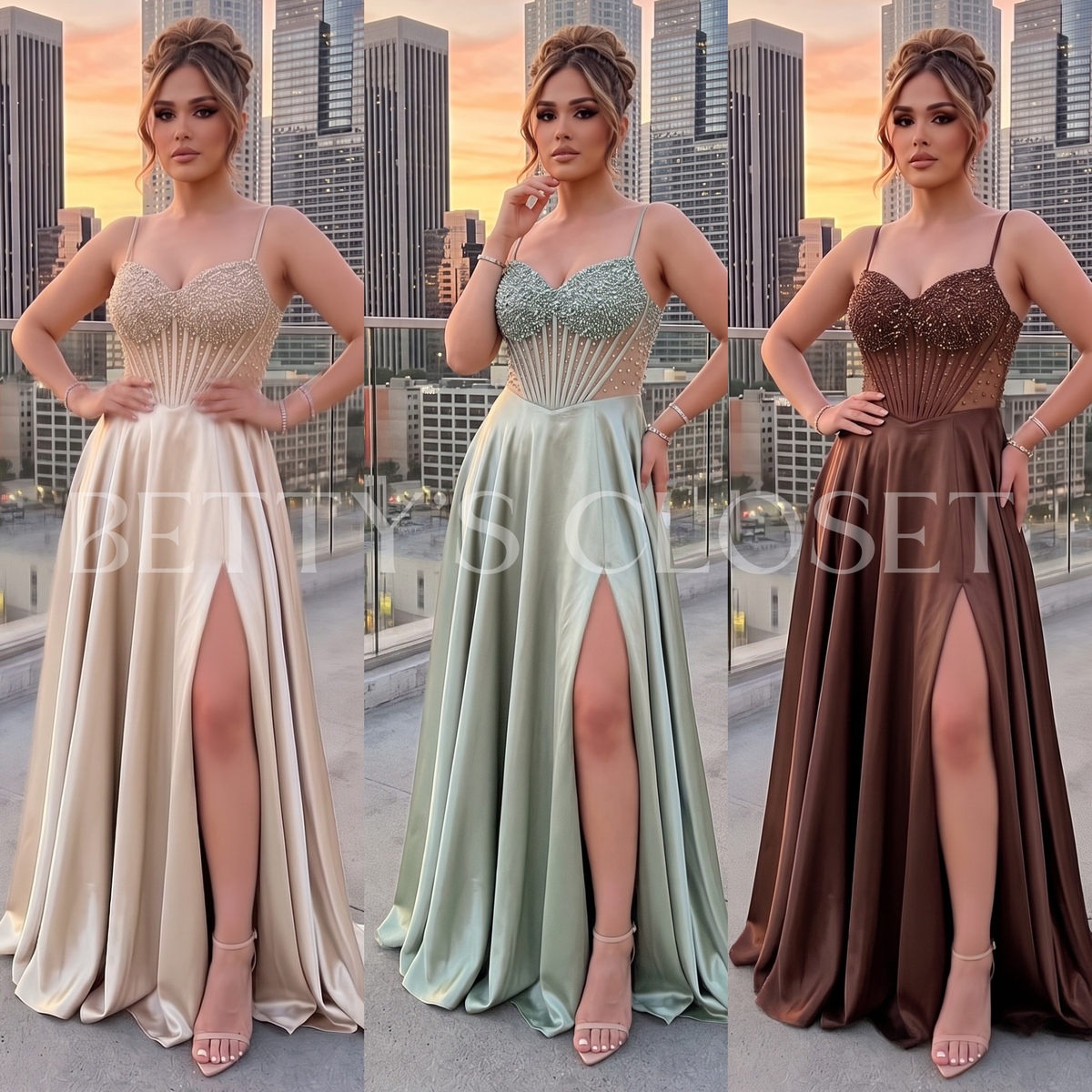 Sofia A-Line Flower Embellished Gown w/ Side Slit