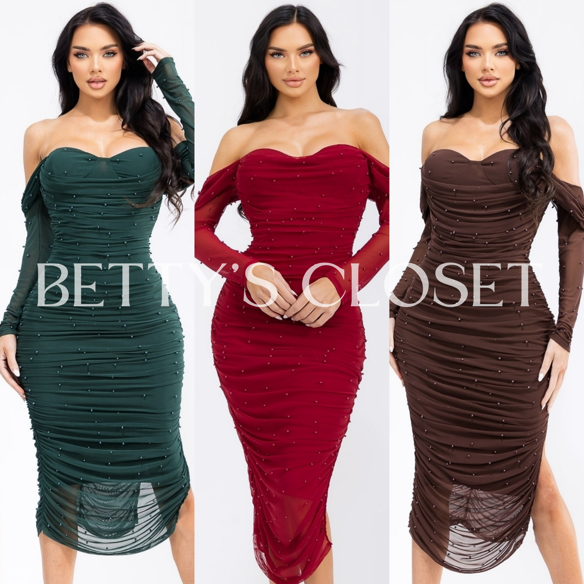 Tati Mesh Off Shoulder Pearl Detail Midi Dress