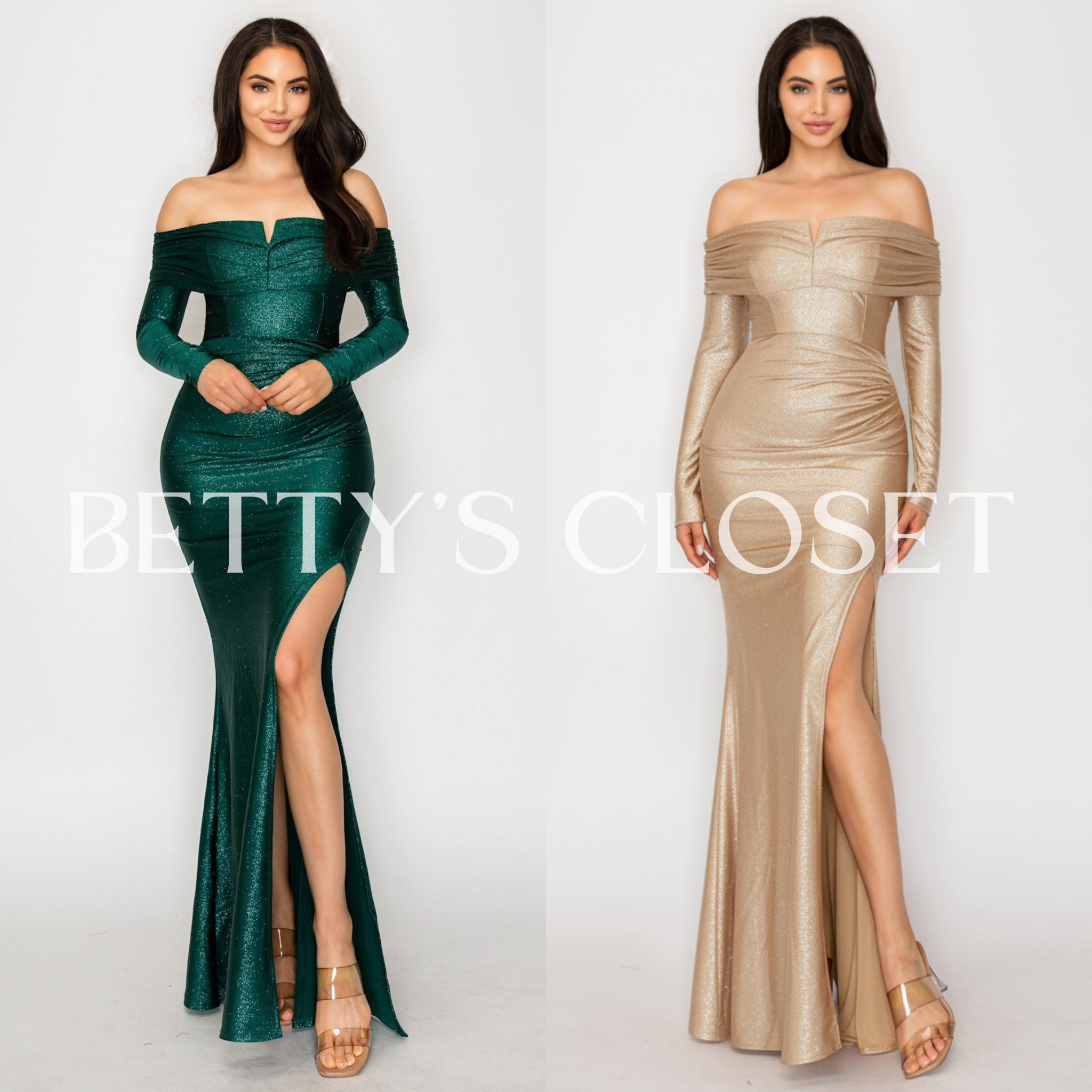 Sonia Off Shoulder Glitter Satin Lurex Maxi Gown