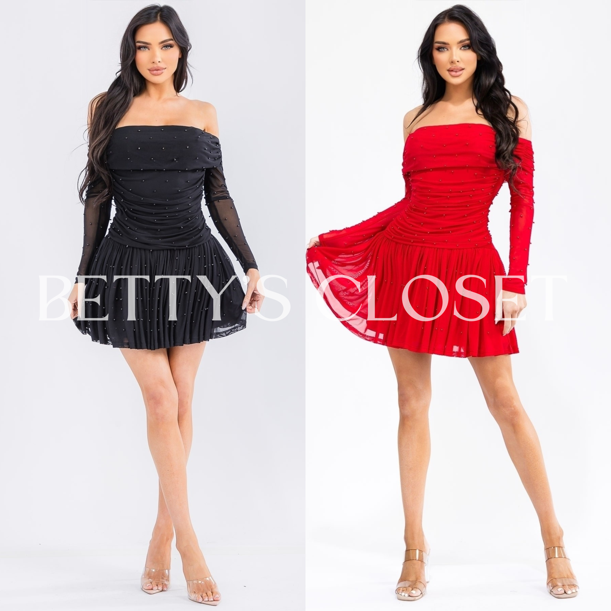 Sofia Off Shoulder Long Sleeve Bubble Dress w/ Pearls