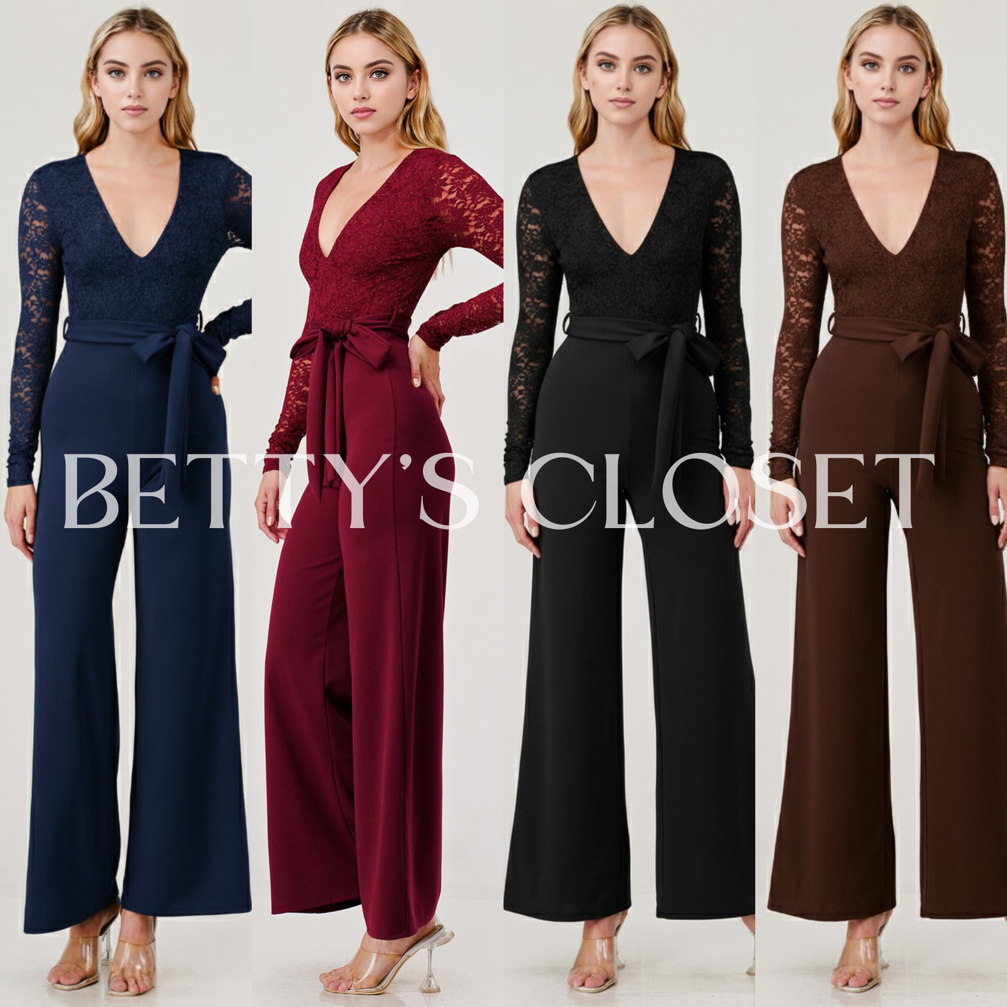 Linda Lace Long Sleeve V Neck Belted Jumpsuit