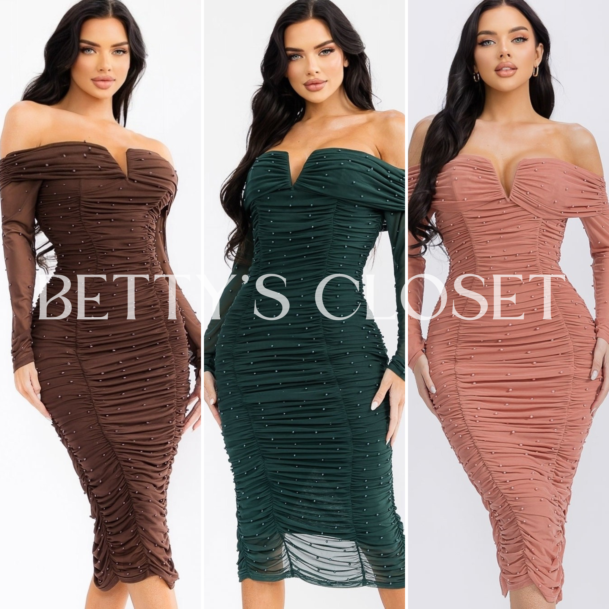 Dominique Mesh Off-shoulder Bodycon Dress With Pearl Studded