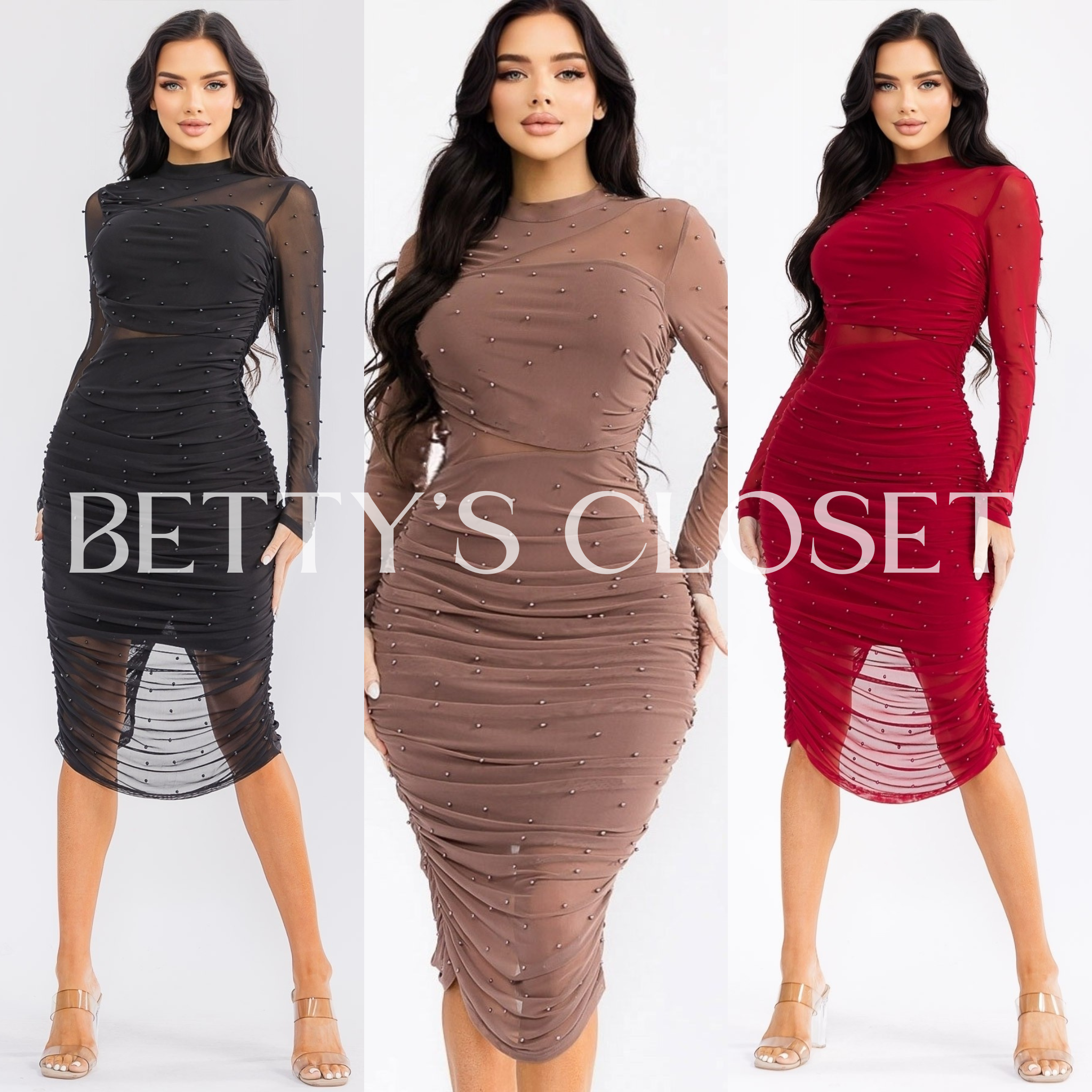 Nicki Pearl Studded Sheer Mesh Cocktail Dress