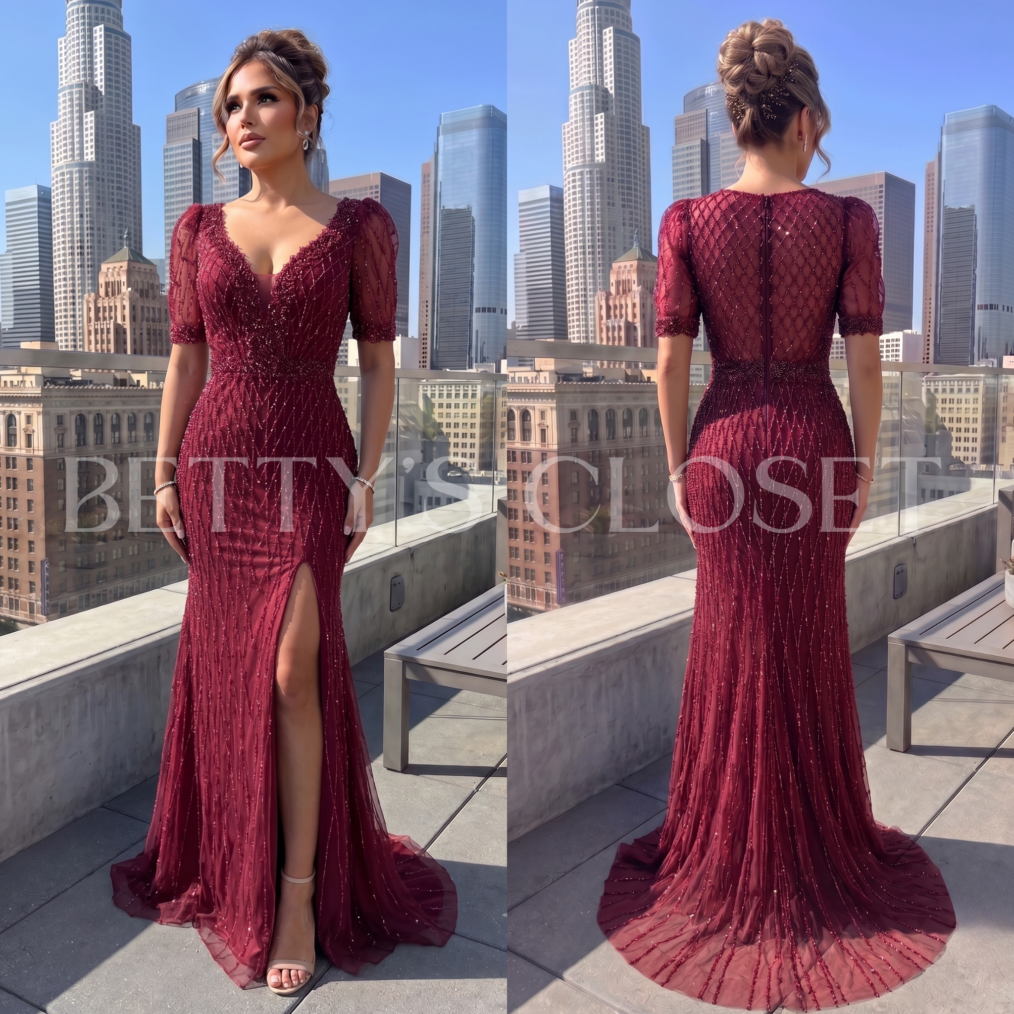 Lola Short Puff Sleeved Beaded Gown W/ Back Zipper