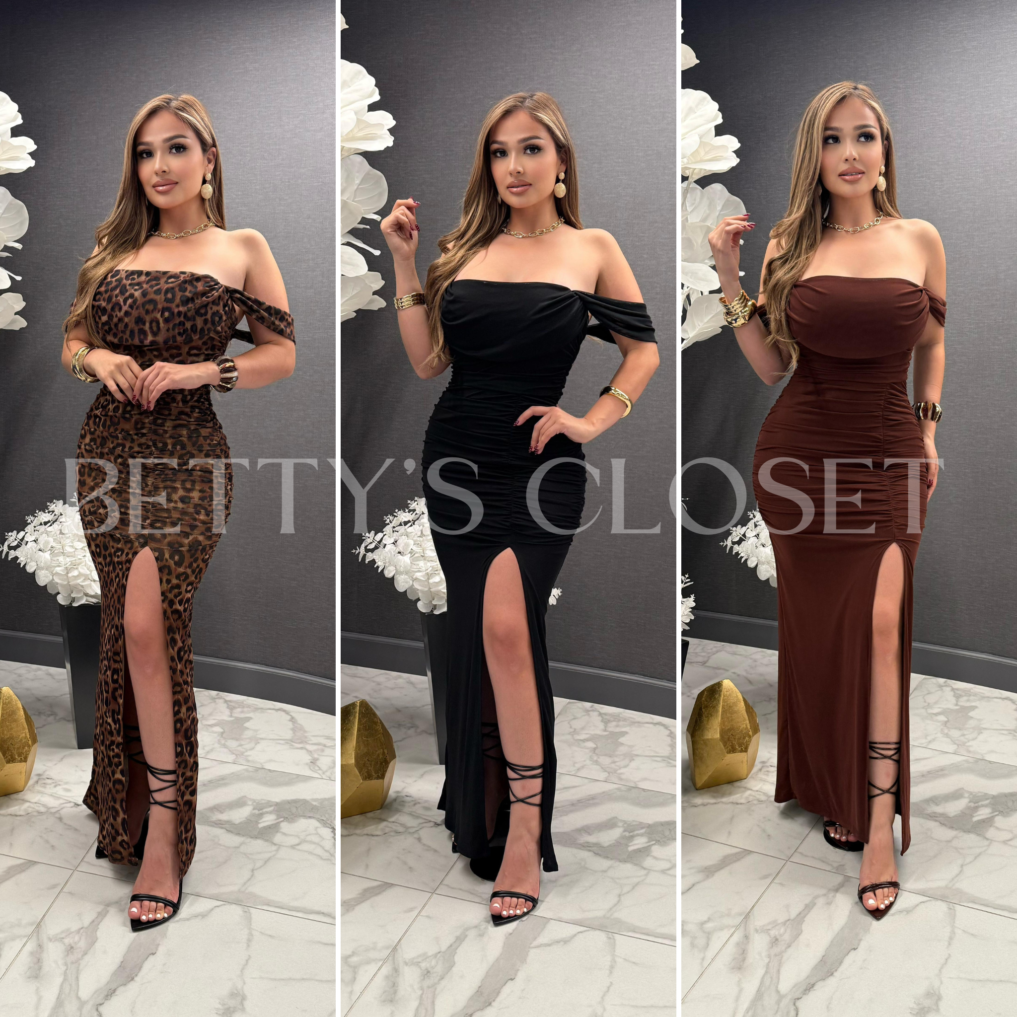 Kylie Off Shoulder Mesh Maxi Dress w/ Side Slit