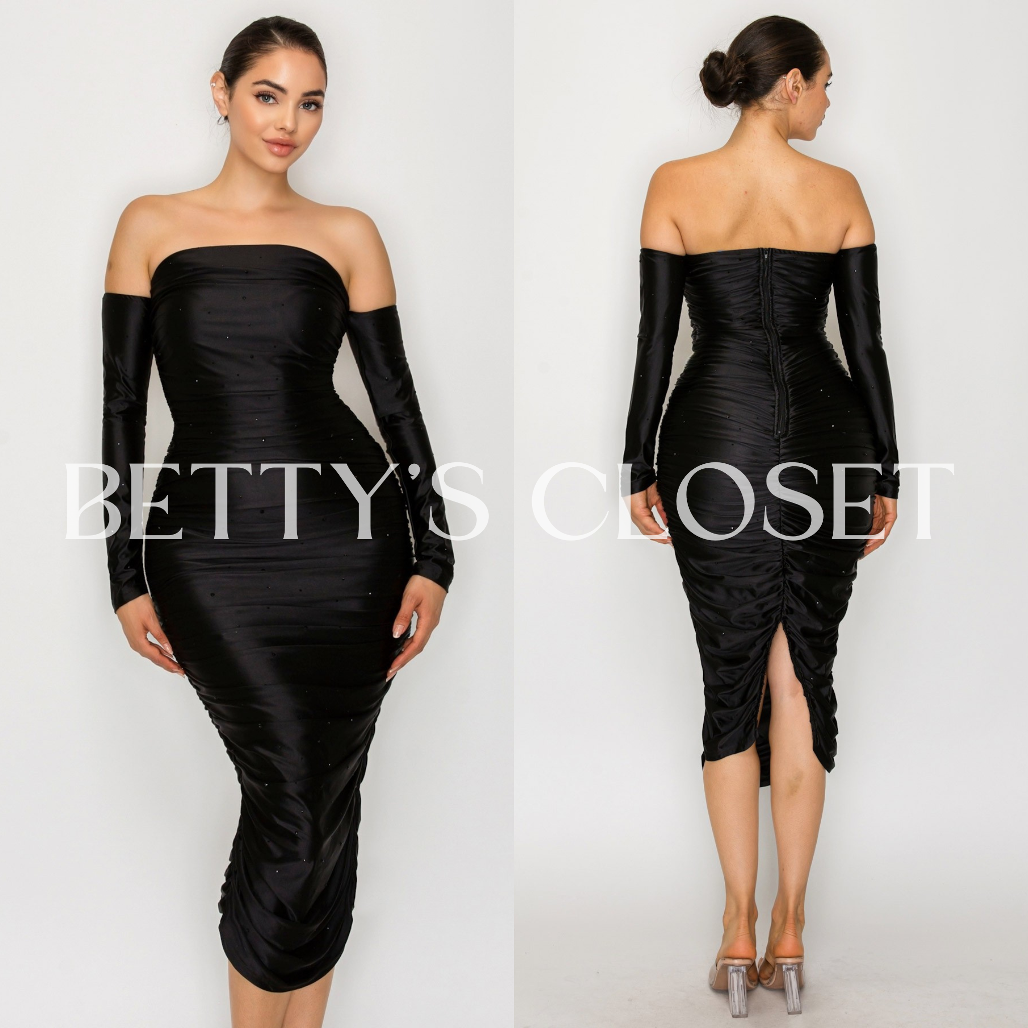 Sweetie Satin Off Shoulder Rhinestone Accents Midi Dress