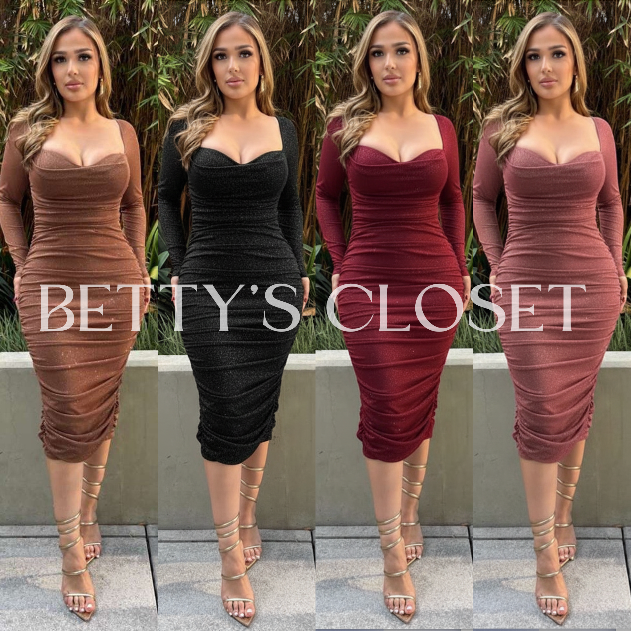 Holiday Midi Glitter Mesh Long Sleeve Dress