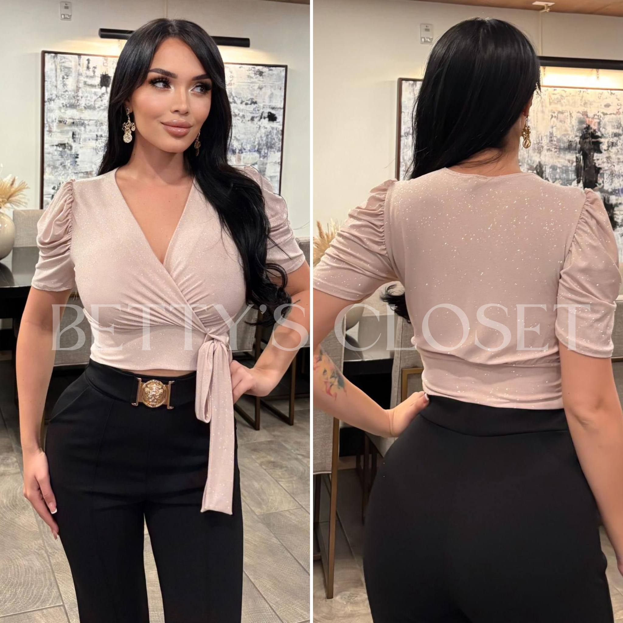 Delilah Puff Sleeve Glitter Top W/ Side Bow