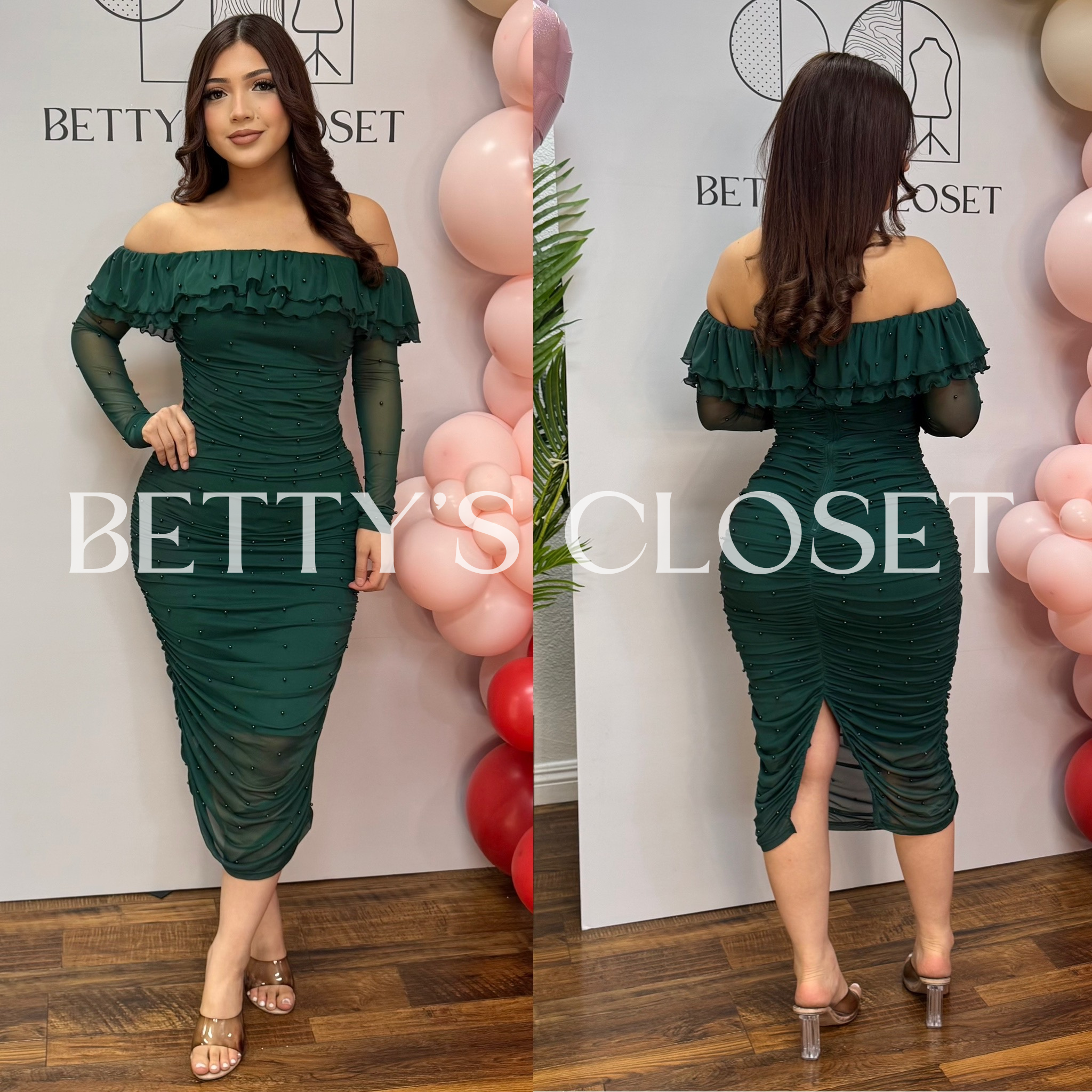 Perla Off Shoulder Ruffle Pearl Detail Midi Dress