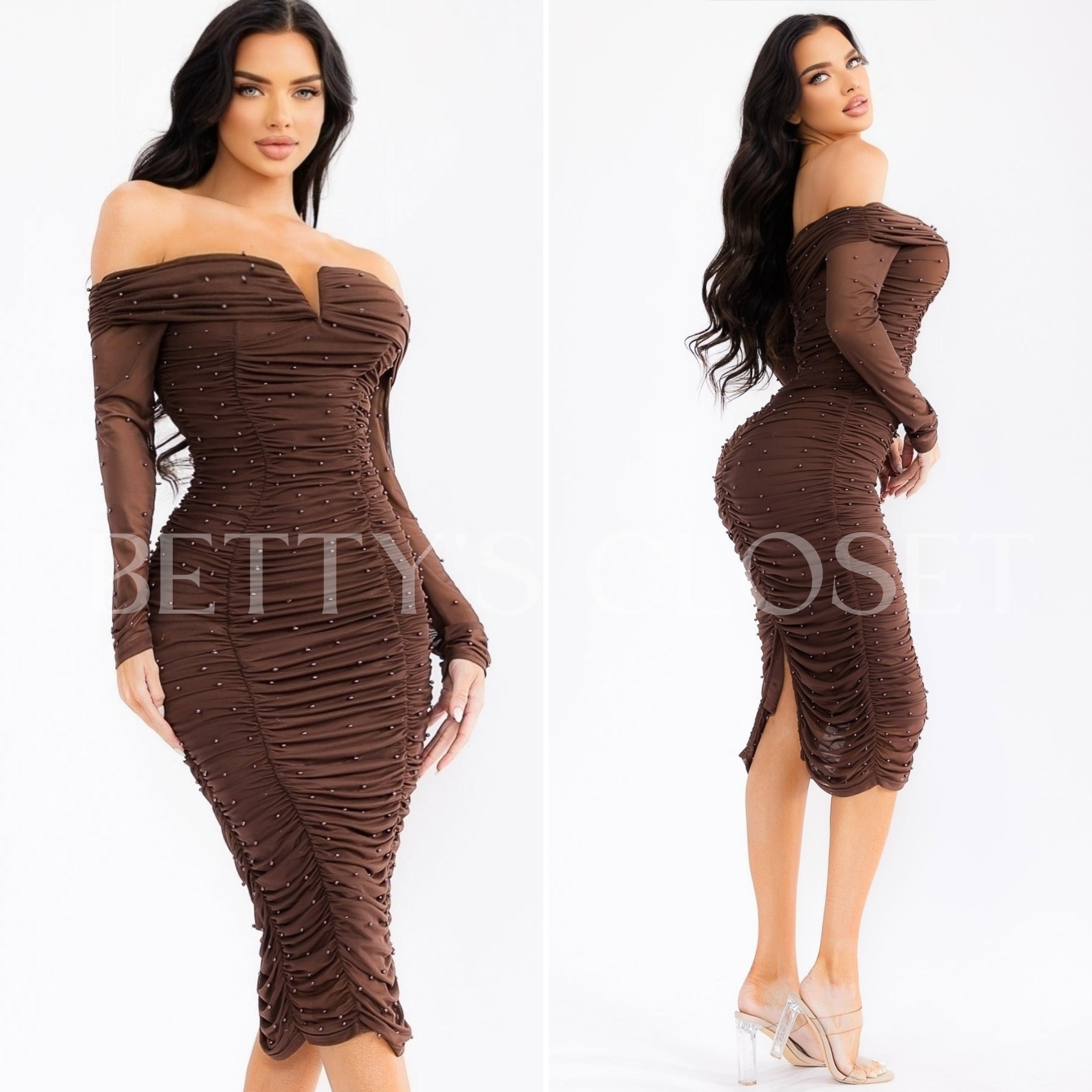 Dominique Mesh Off-shoulder Bodycon Dress With Pearl Studded