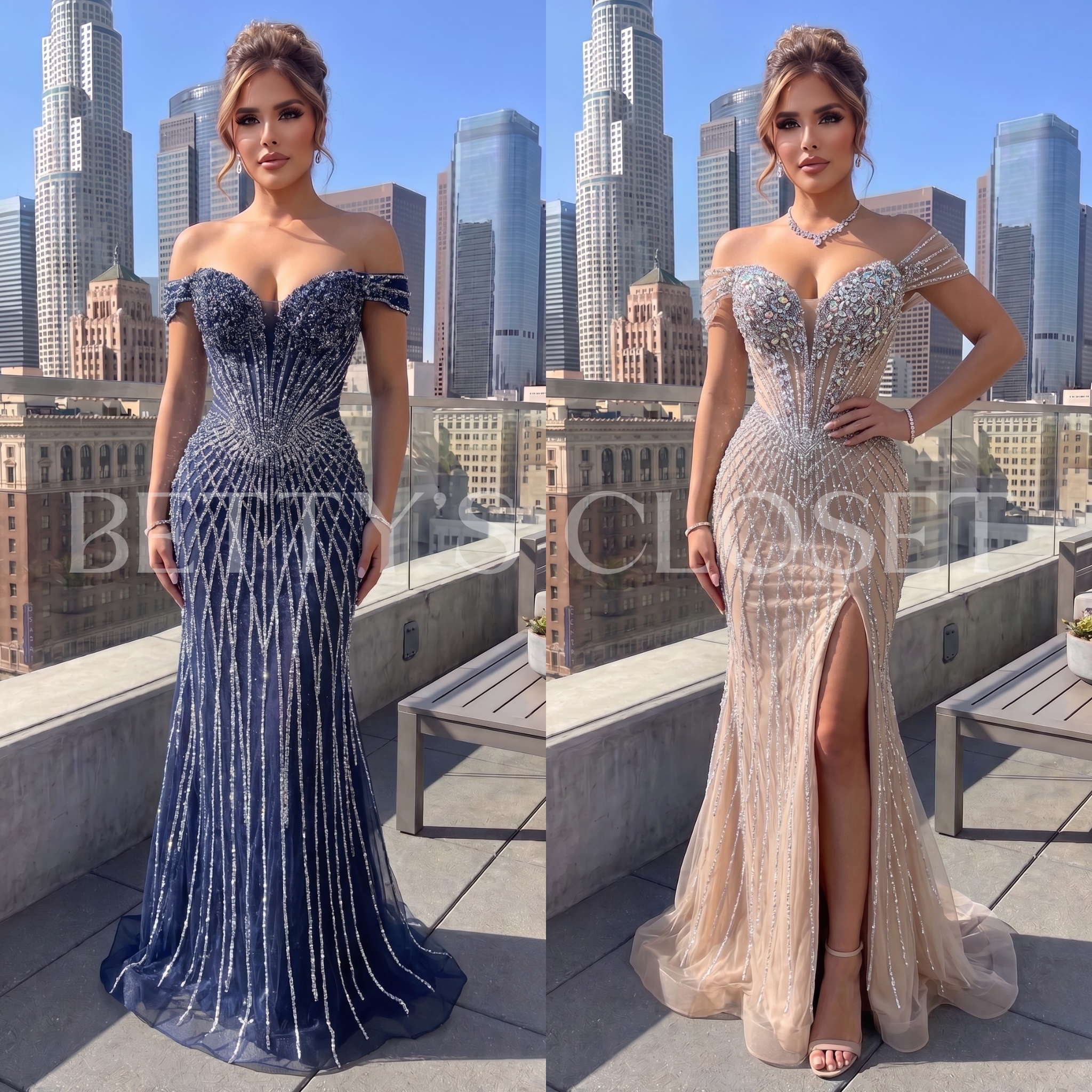 Darla Off Shoulder Embellished Gown w/ Lace up Back