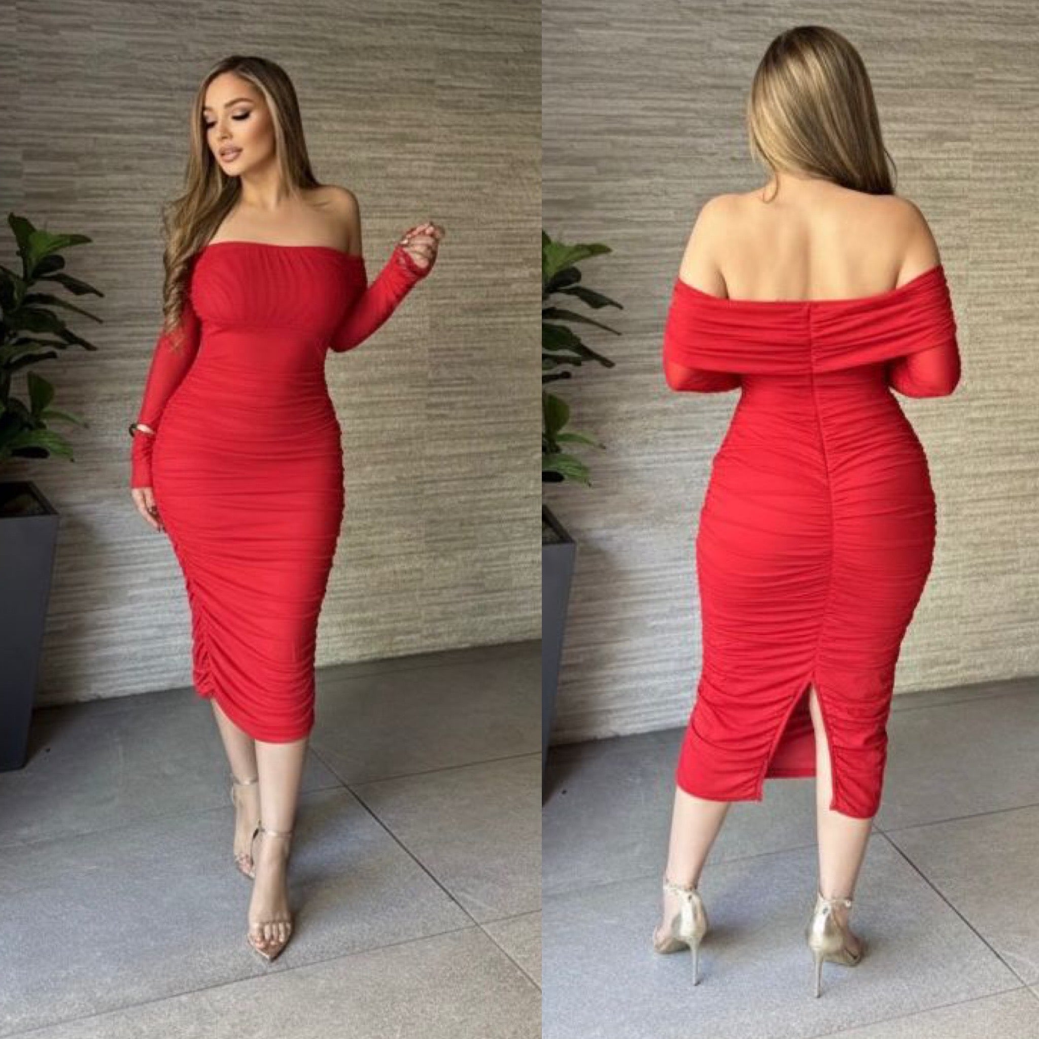 Julie Off Shoulder Ruched Long Sleeve Dress