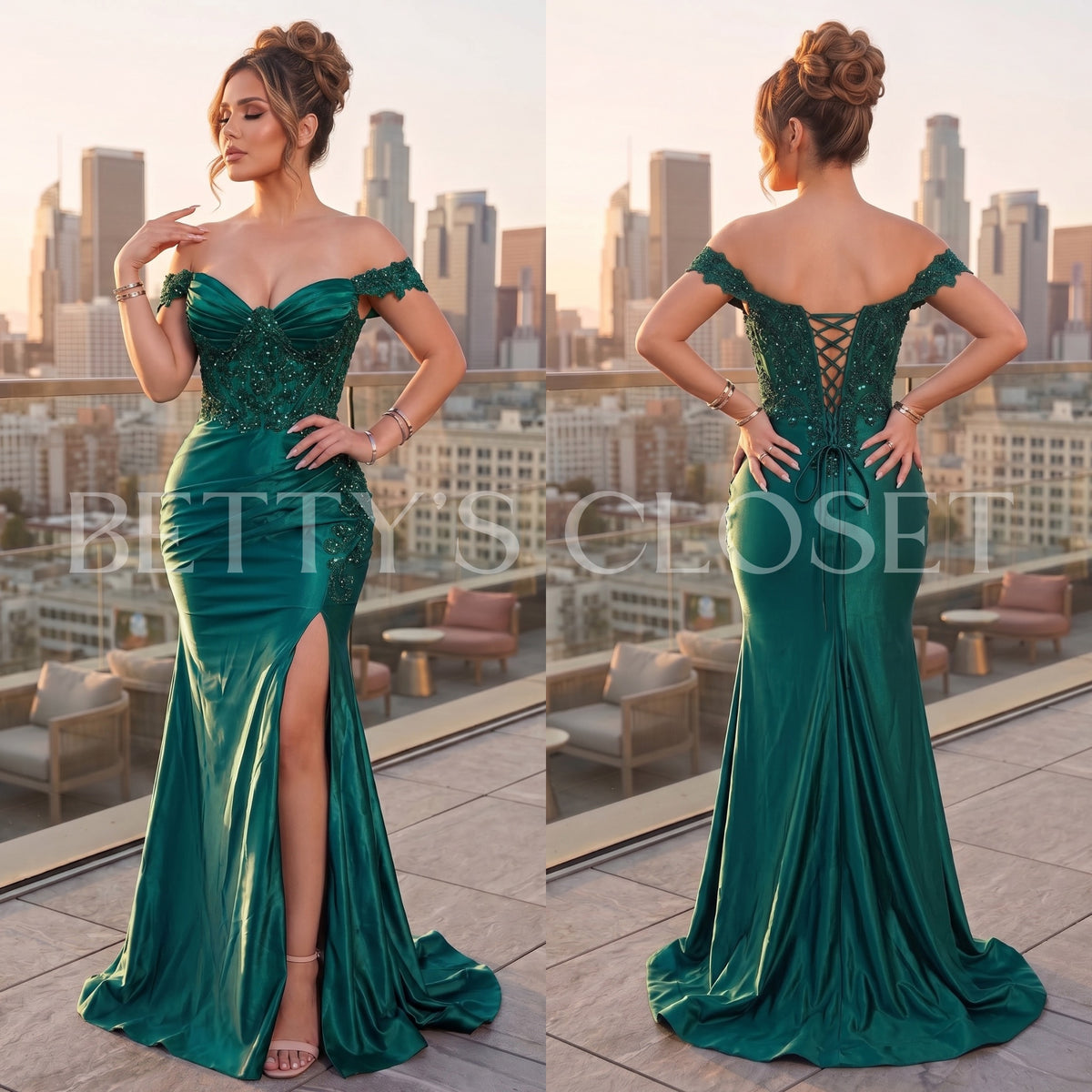 Jessica Embroidered Off Shoulder Lace up Back Gown w/ Side Slit